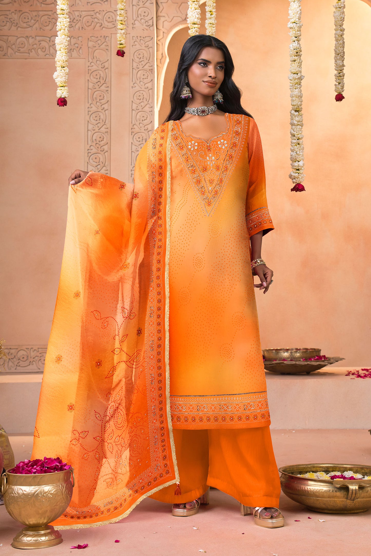 Marigold orange Ombre Bandhani Print Silk Suit Set with Embroidered Dupatta