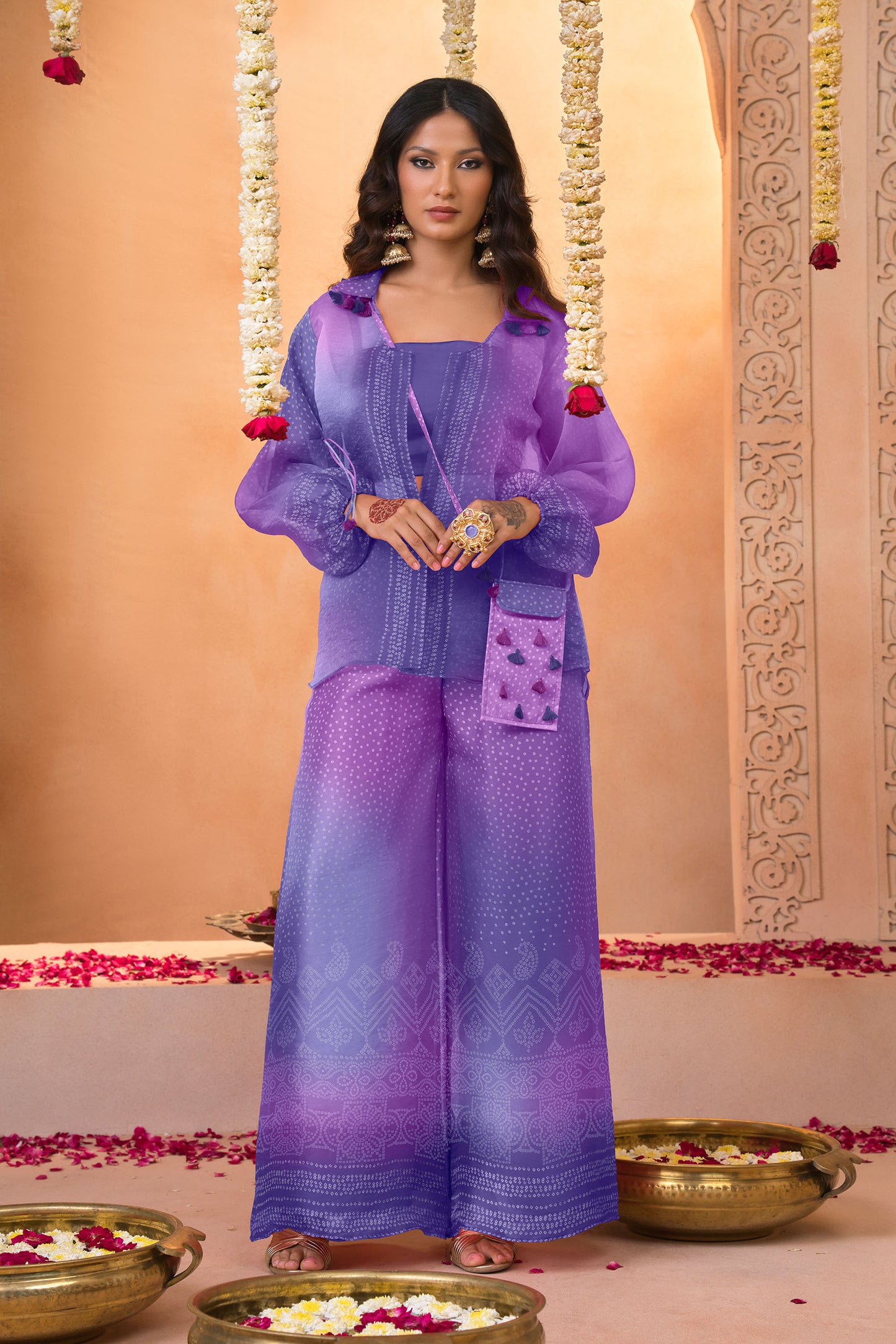 Lilac Violet Ombré Bandhani Printed Co-Ord Set with Wide-Leg Pants