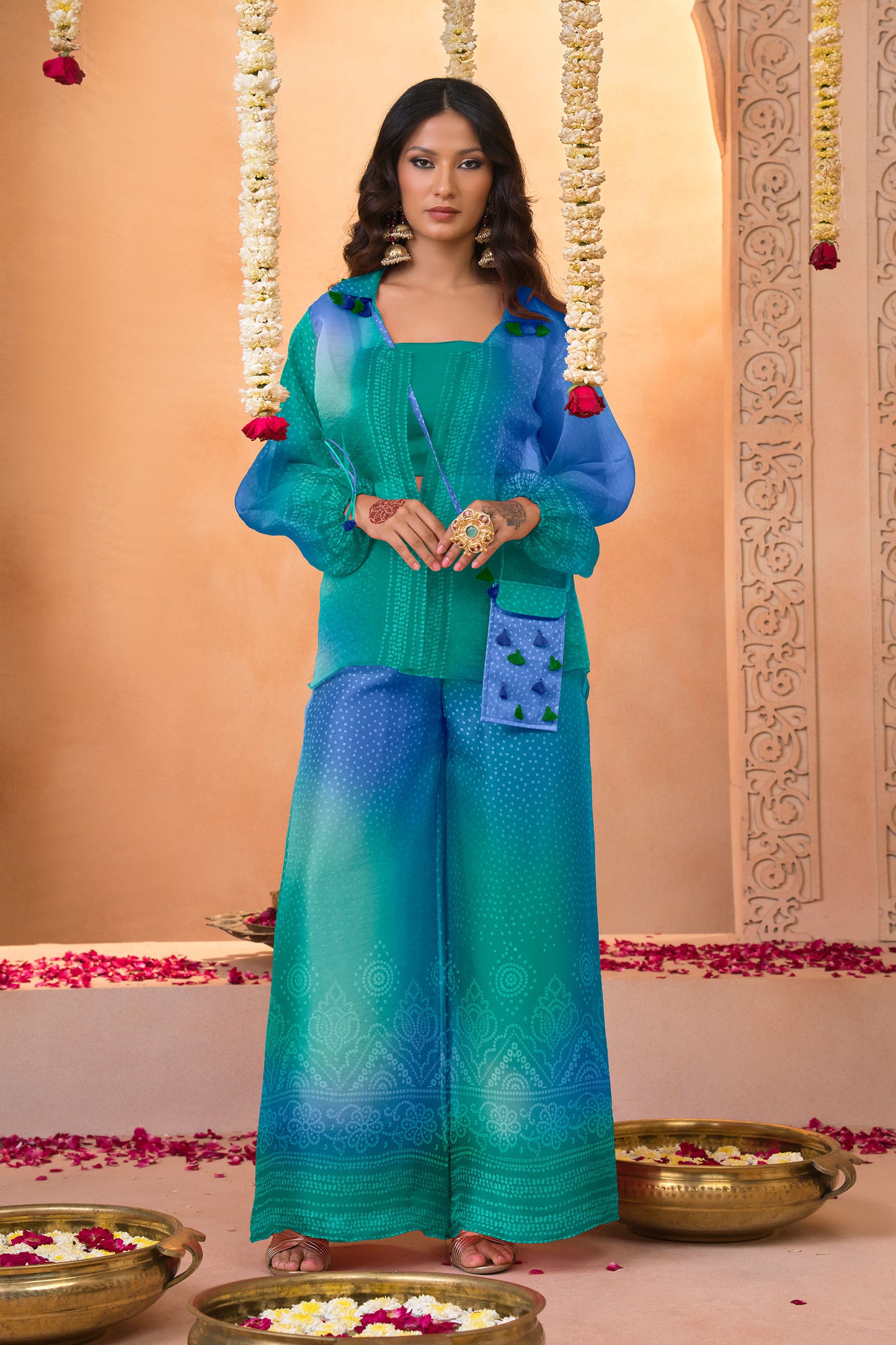 Ocean Teal Ombré Bandhani Printed Co-Ord Set with Wide-Leg Pants
