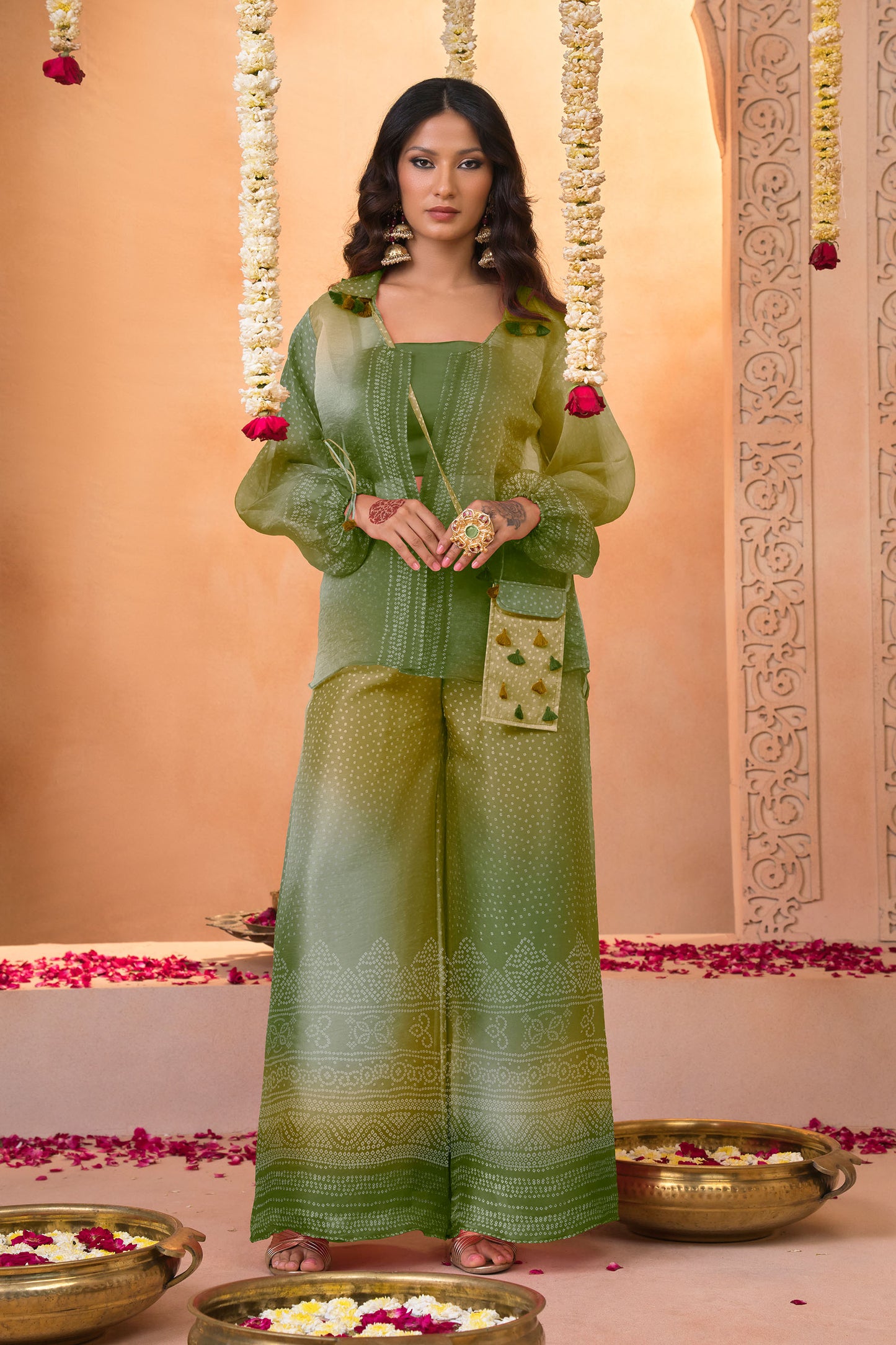Olive Green Ombré Bandhani Printed Co-Ord Set with Wide-Leg Pants