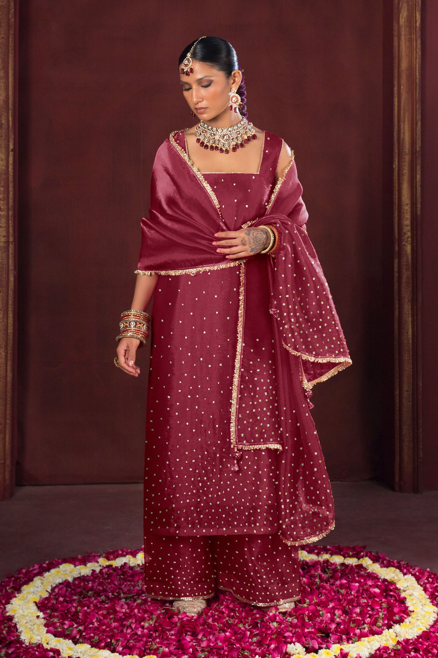 Noor Burgundy Three Piece Set