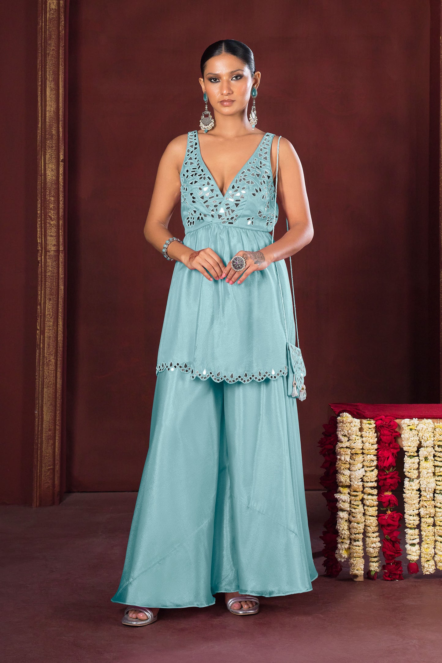 Gulnaar Pastel Blue Mirror Work Sharara Set