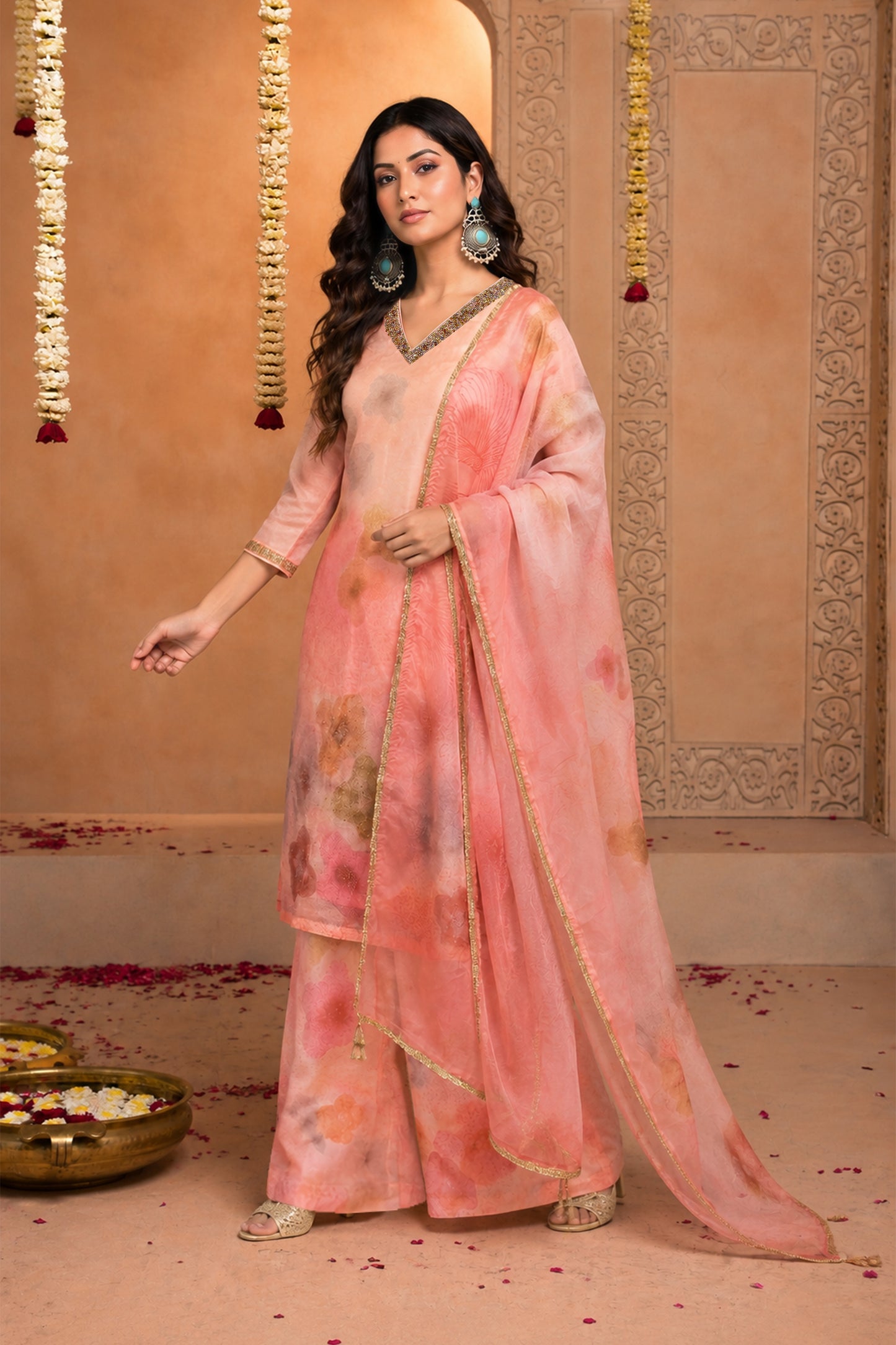 Peach Blossom Printed Kurta Set with Dupatta