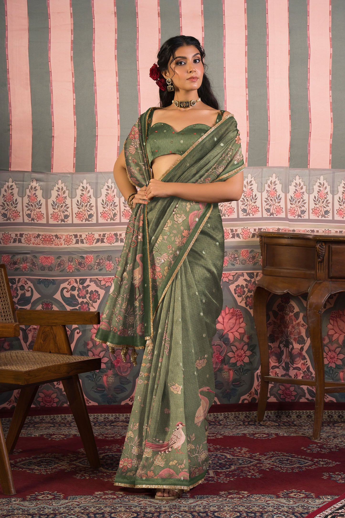 Antique Swarna Banarasi Zari Organza Saree - Olive Green