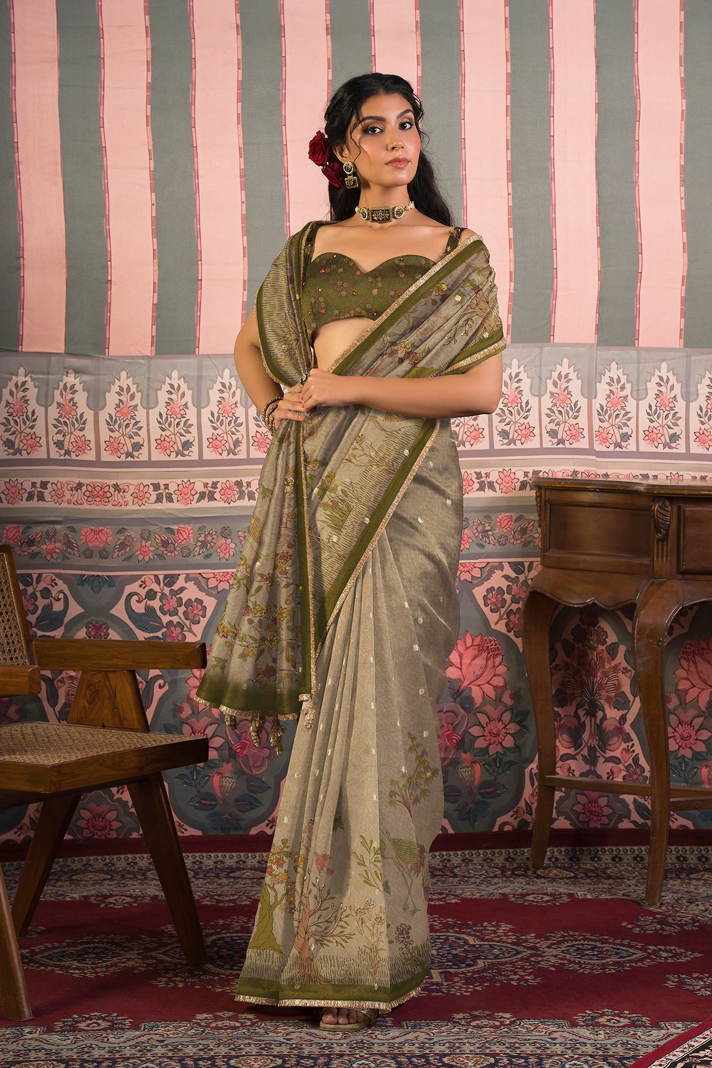Antique Swarna Banarasi Zari Organza Saree - Moss Beige Grey