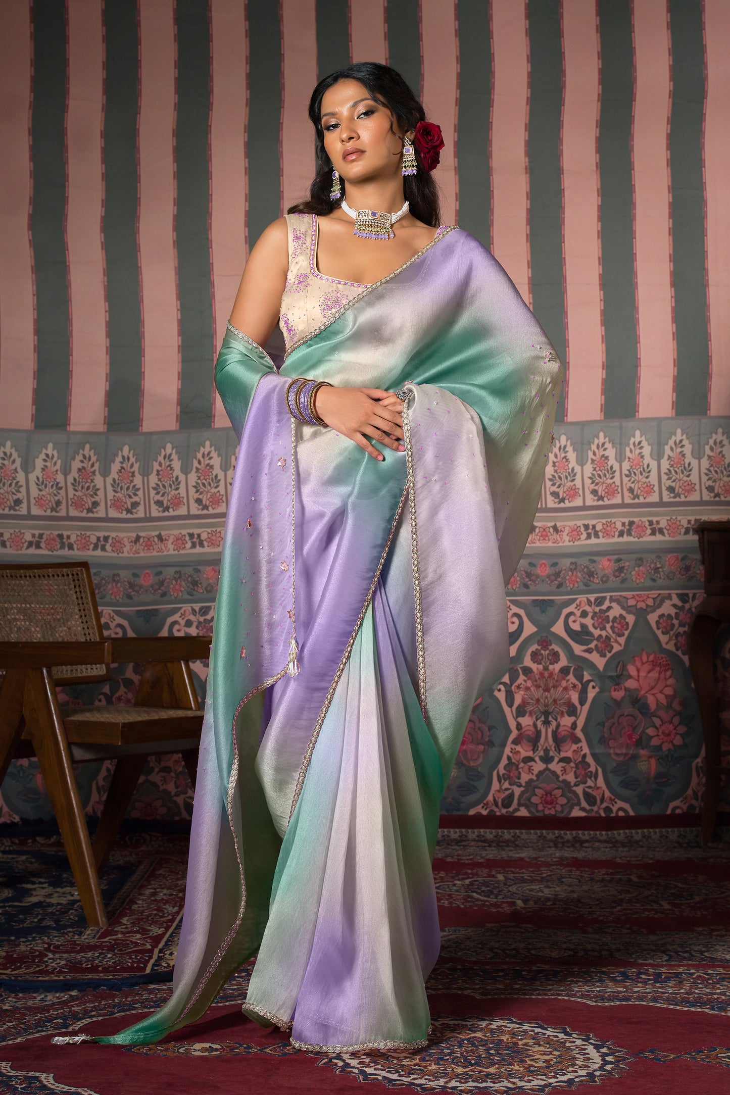 Lilac Blush Satin Silk Organza Saree