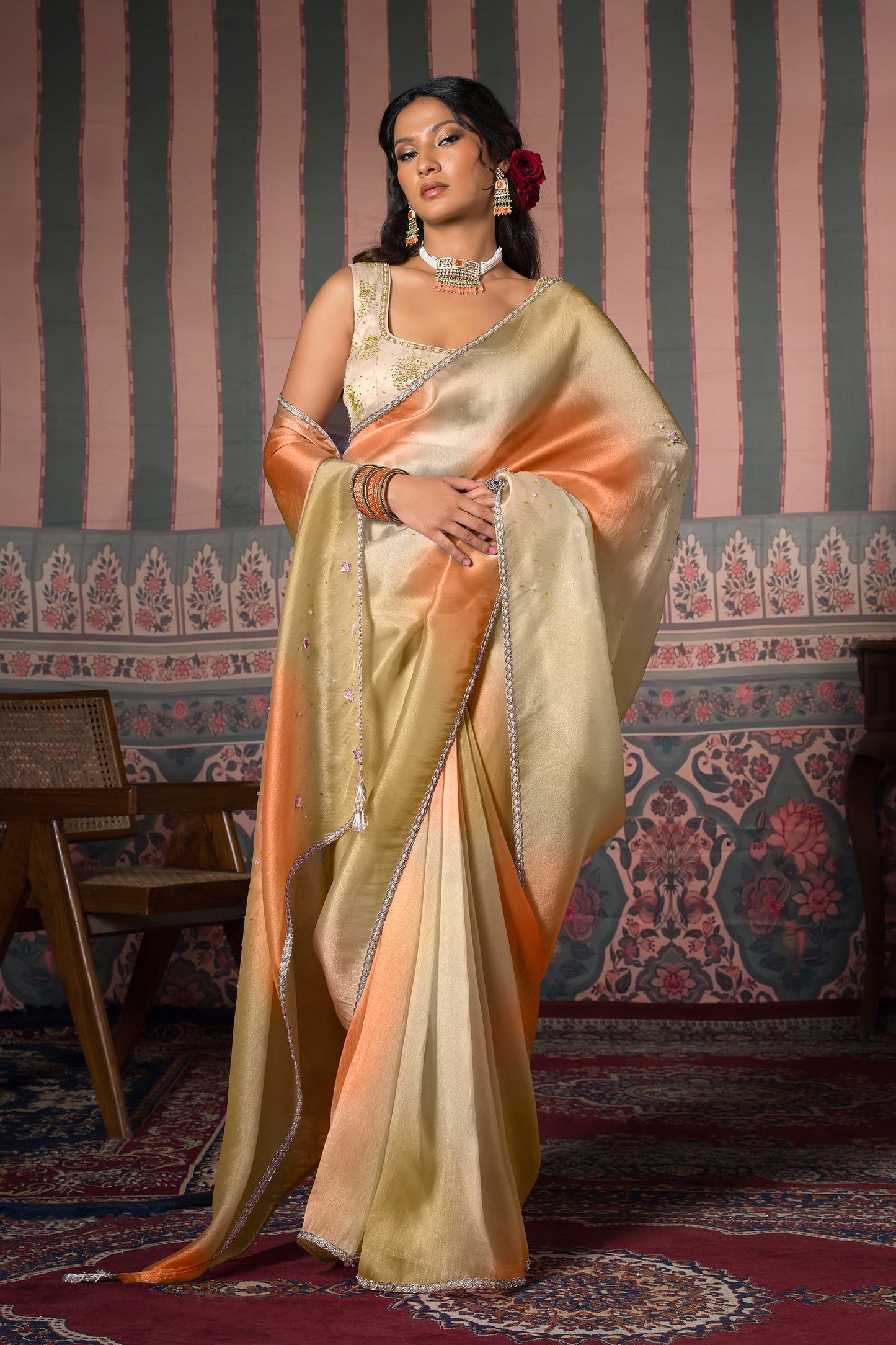 Apricot Blush Satin Silk Organza Saree