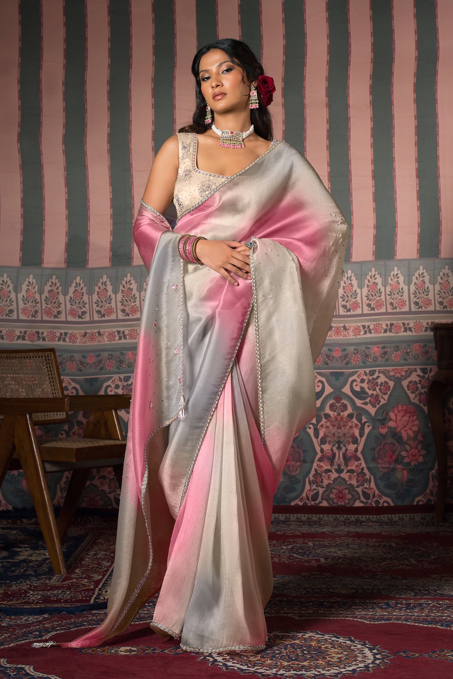 Rose blush Satin Silk Organza Saree