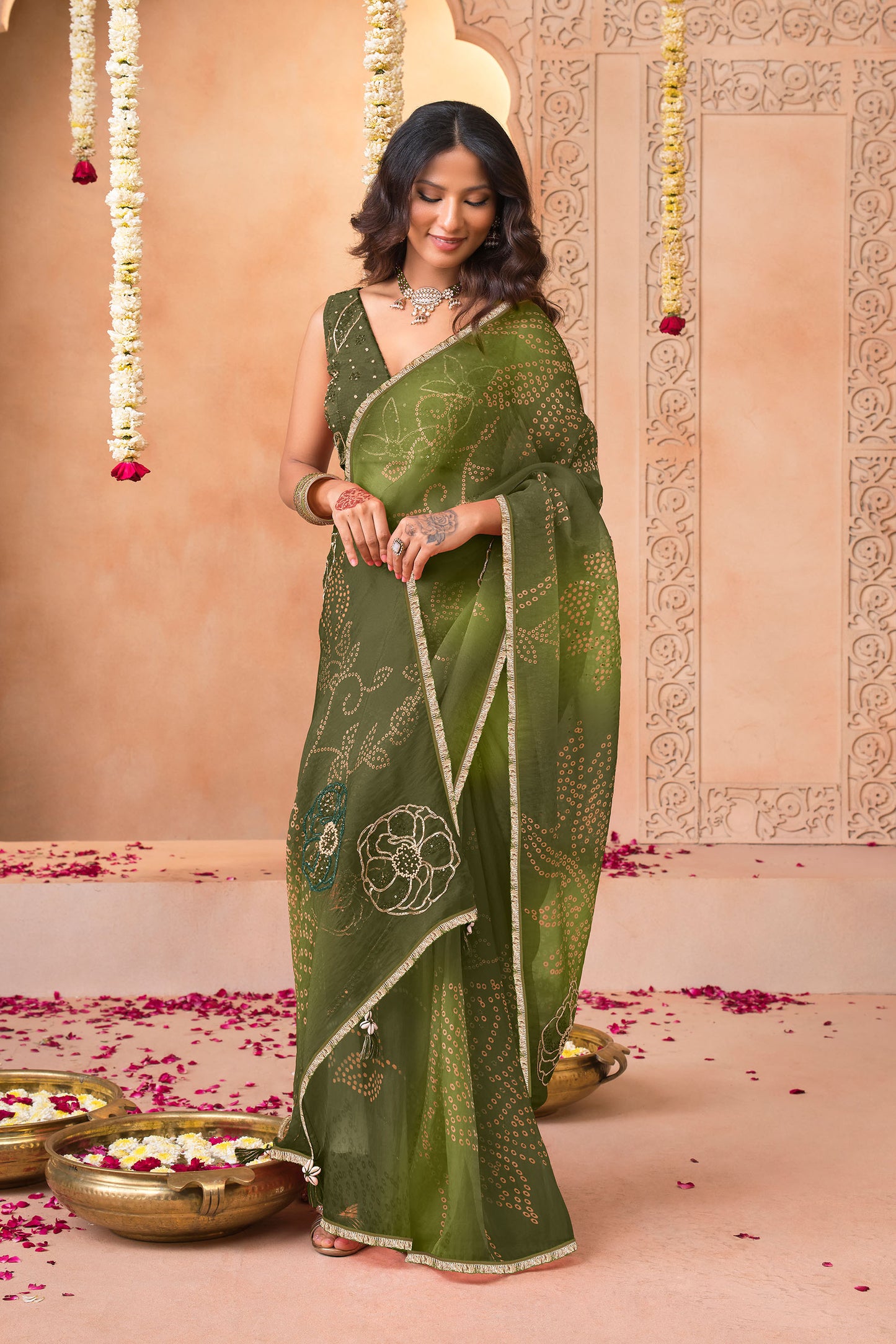 Mehendi Green Bandhani Mirror Tissue Saree