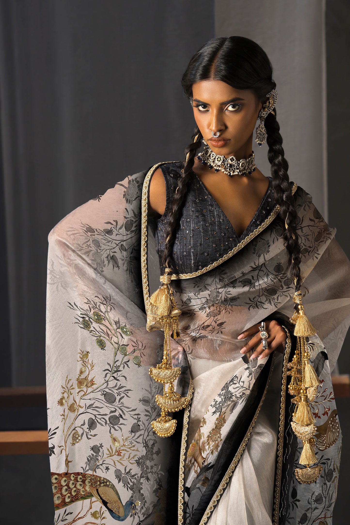 Elegant Black & White Tissue Saree - Peacock Botanical Print