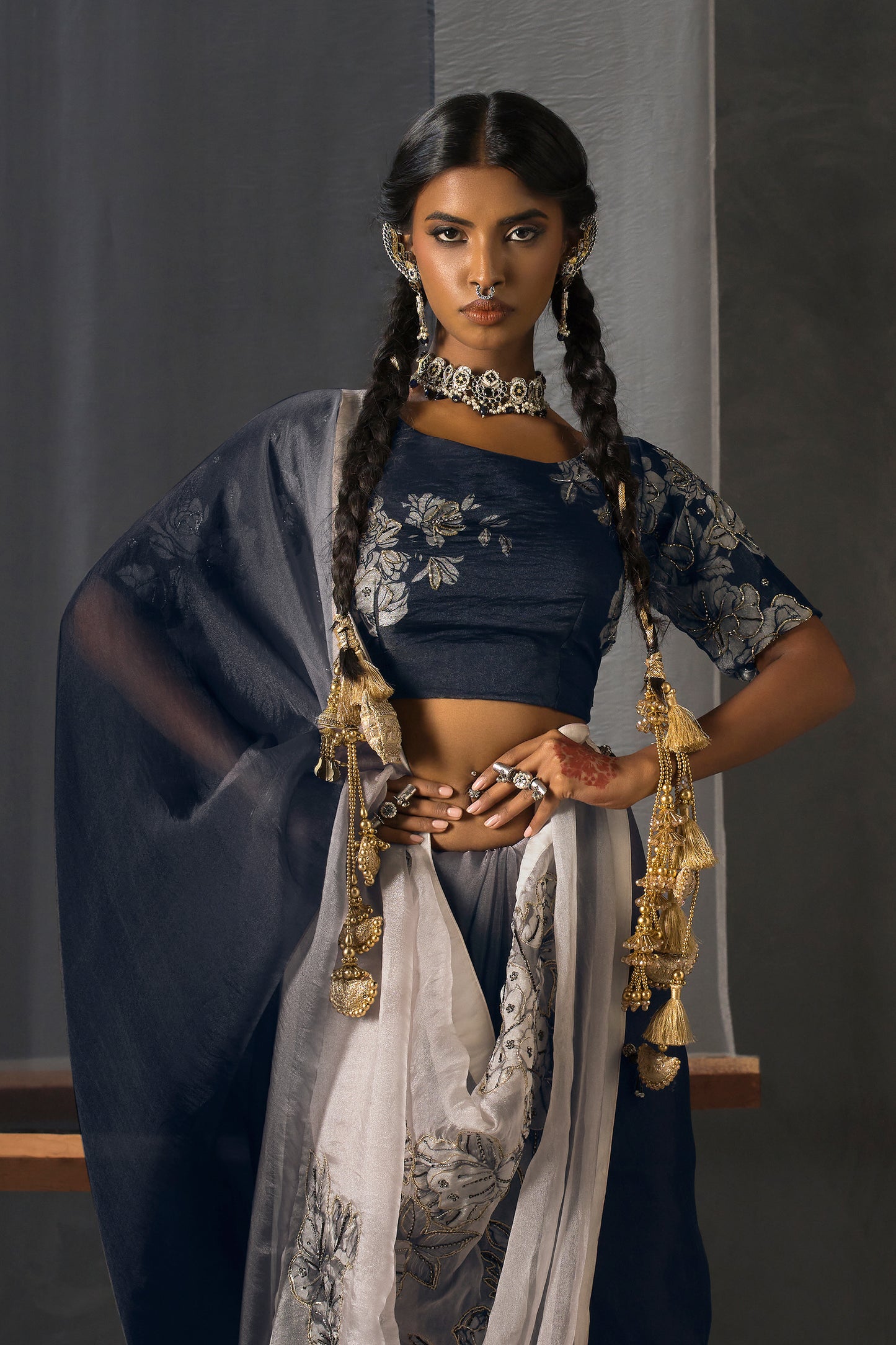 Eclipse Patchwork Tissue Saree - Blue