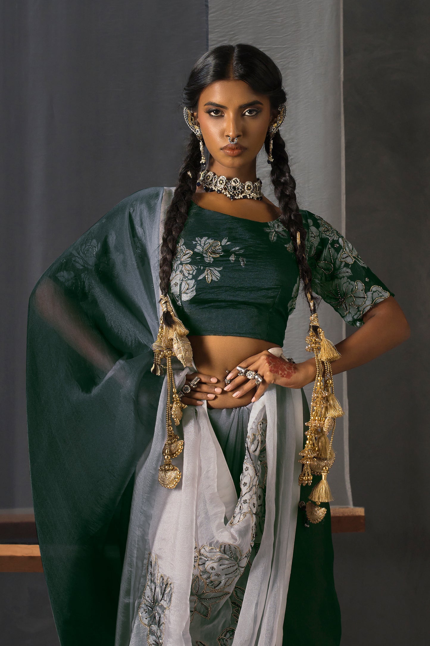 Eclipse Patchwork Tissue Saree - Green