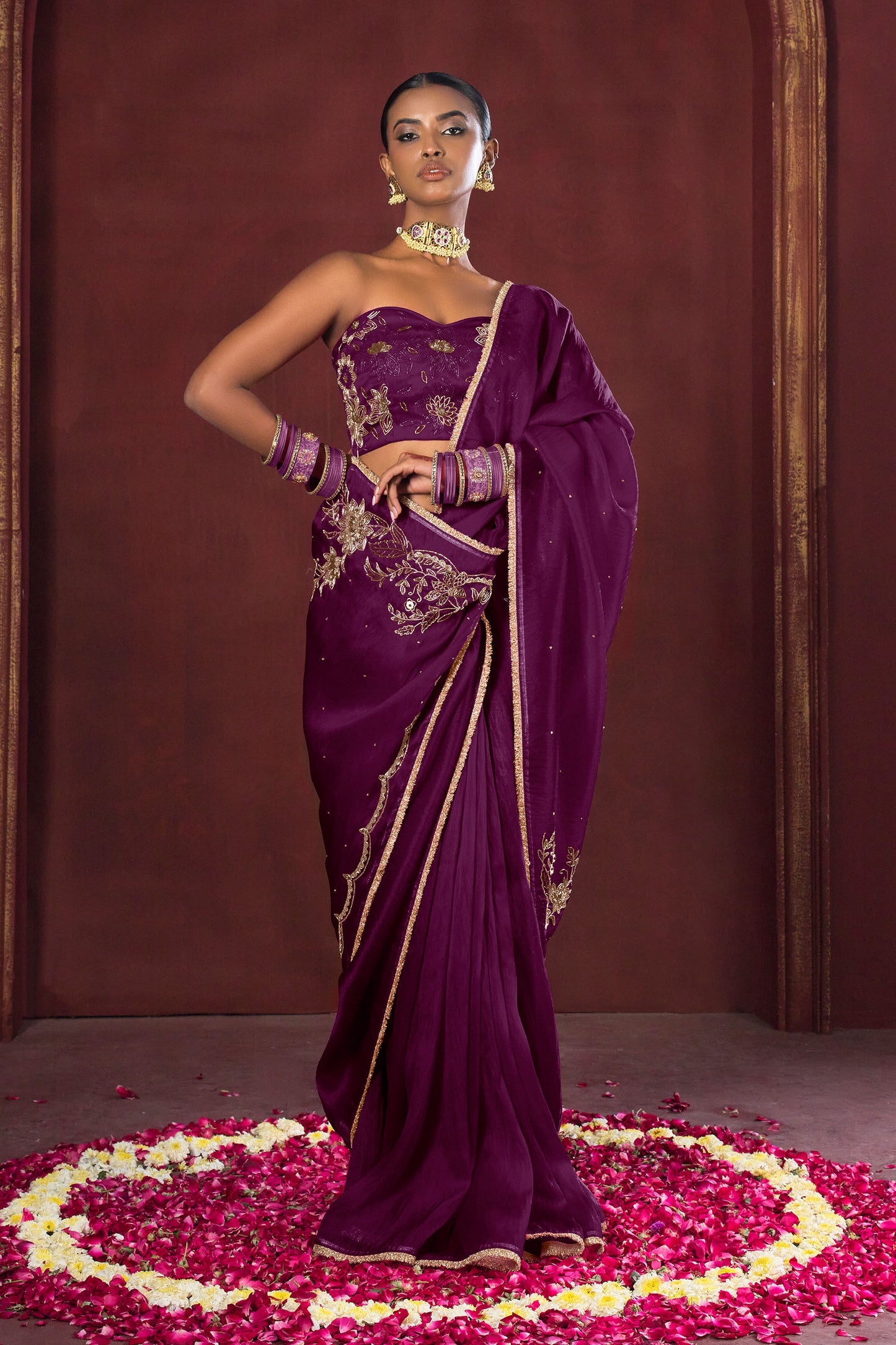 Deep Wine Bloom Satin Silk Organza Saree