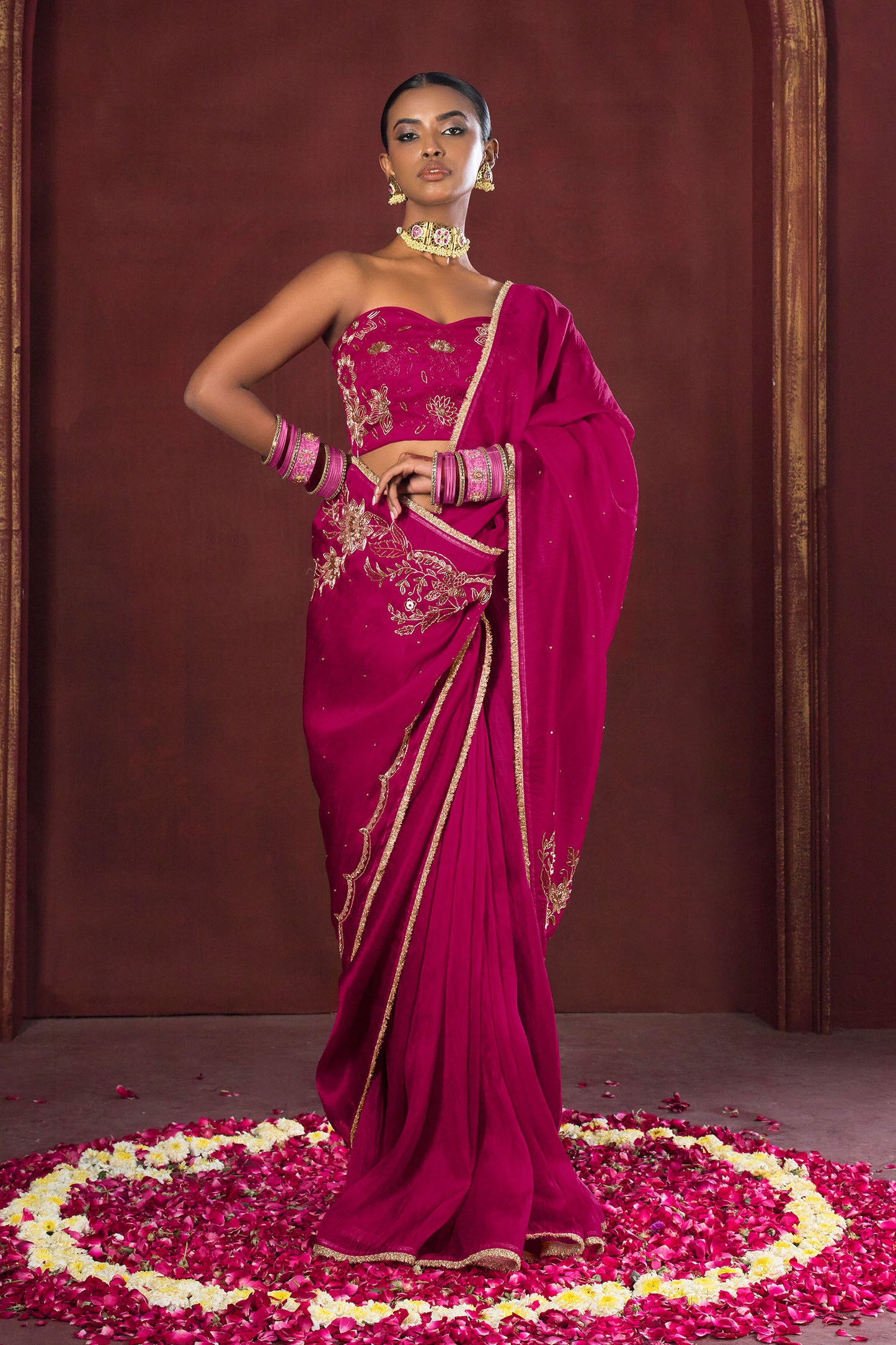 Magenta Bloom Satin Silk Organza Saree