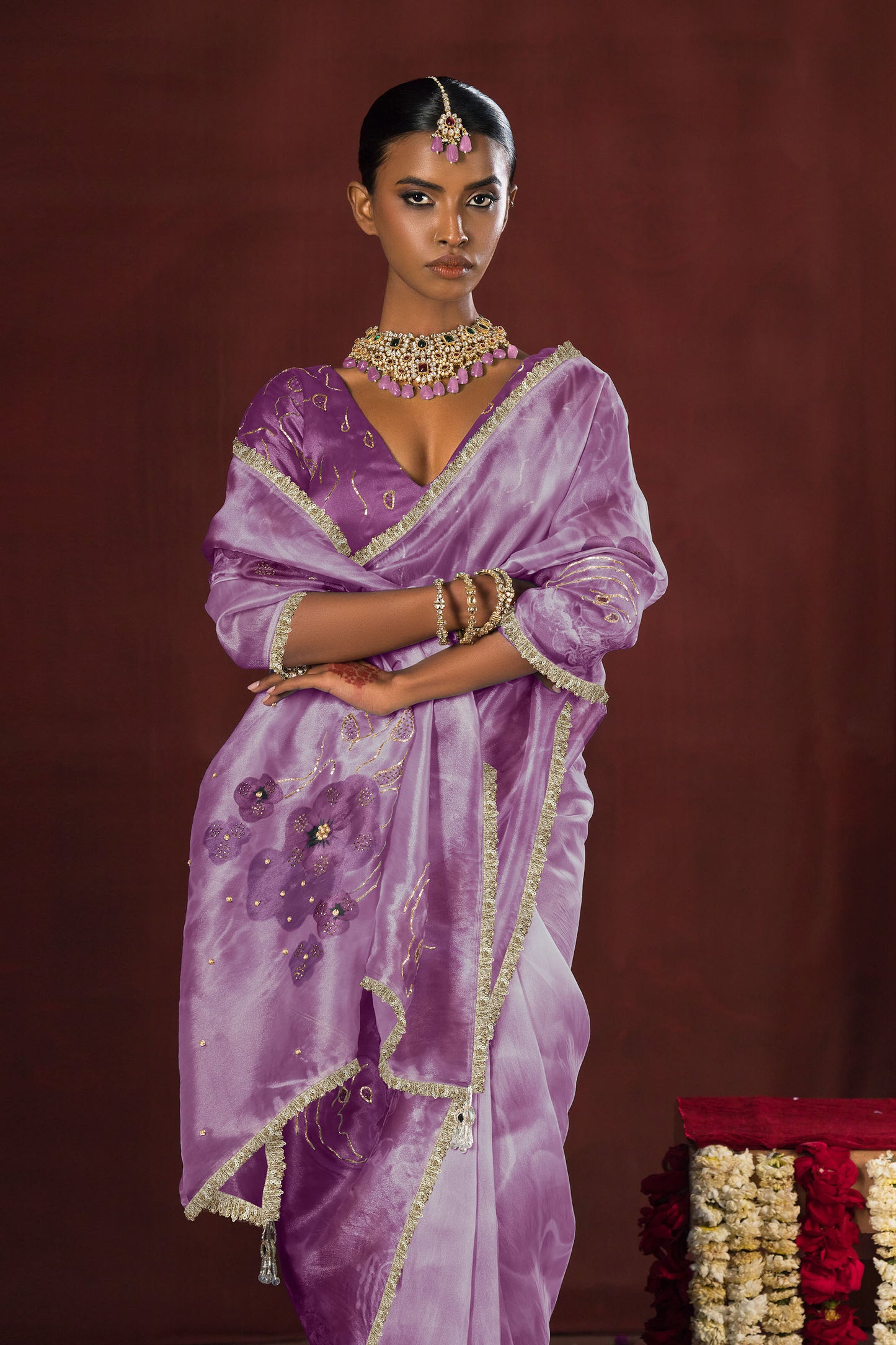 Lavender Bloom Satin Organza Silk Saree