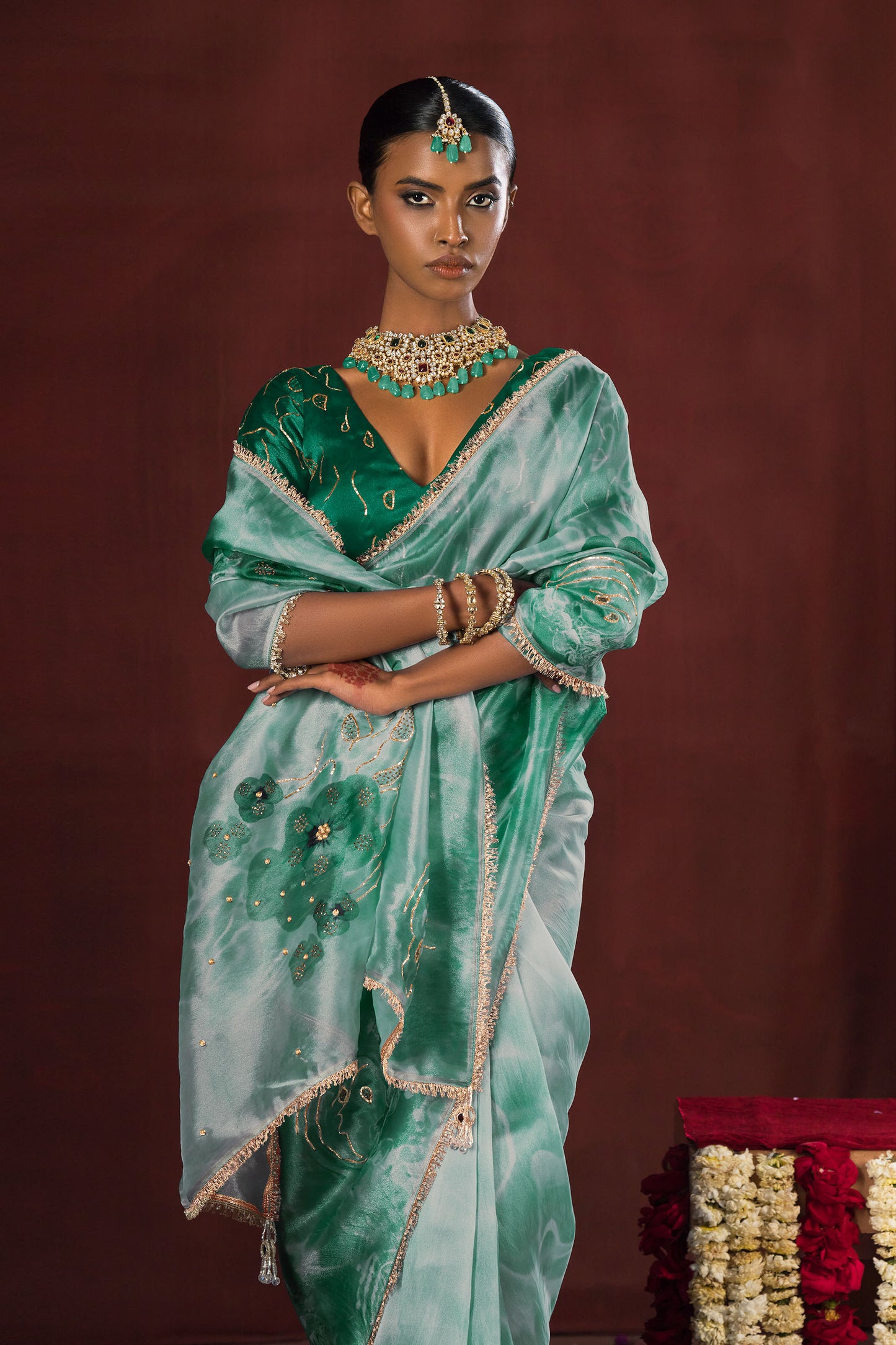 Green Bloom Satin Organza Silk Saree