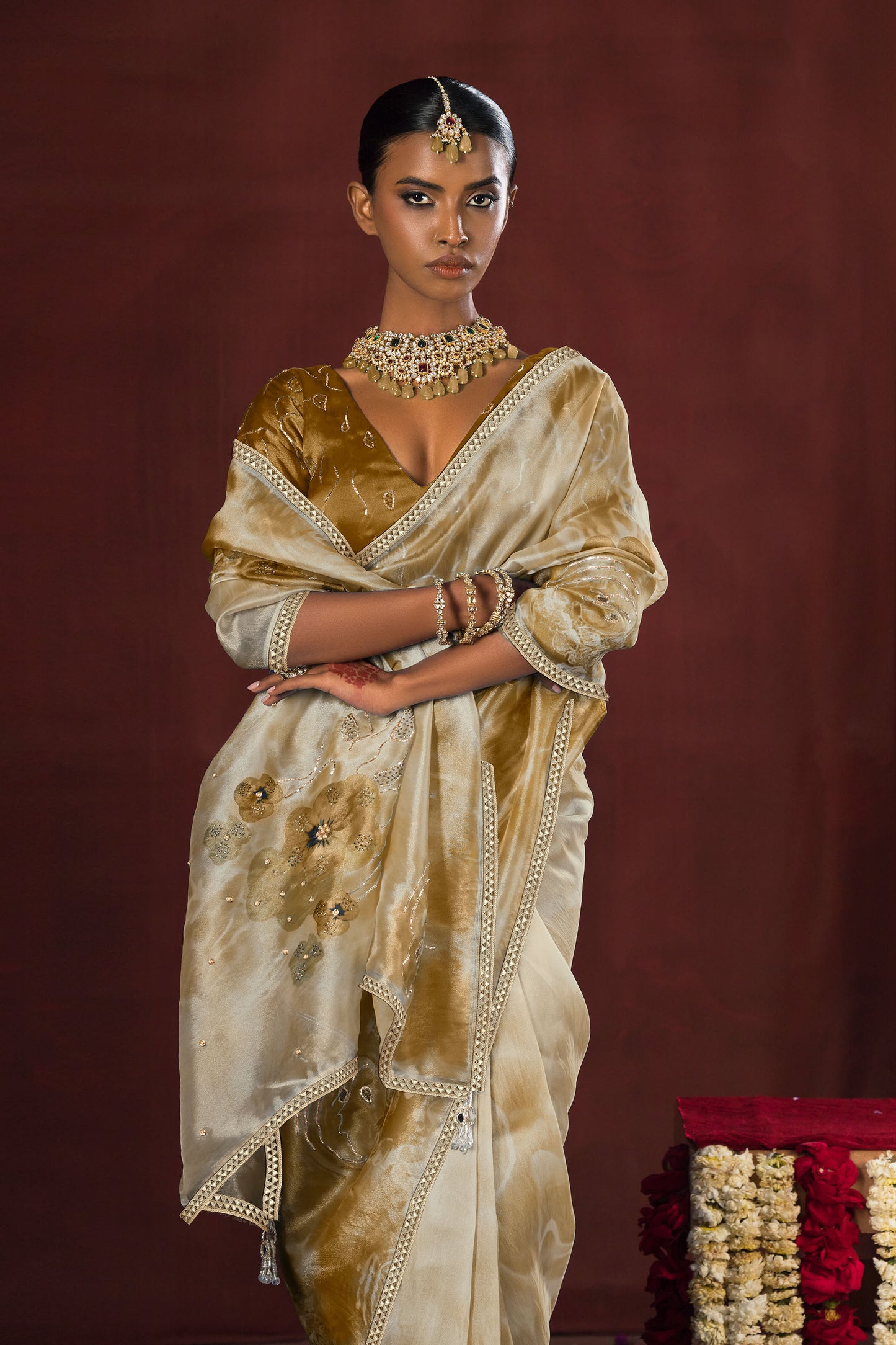 Golden Bloom Satin Organza Silk Saree