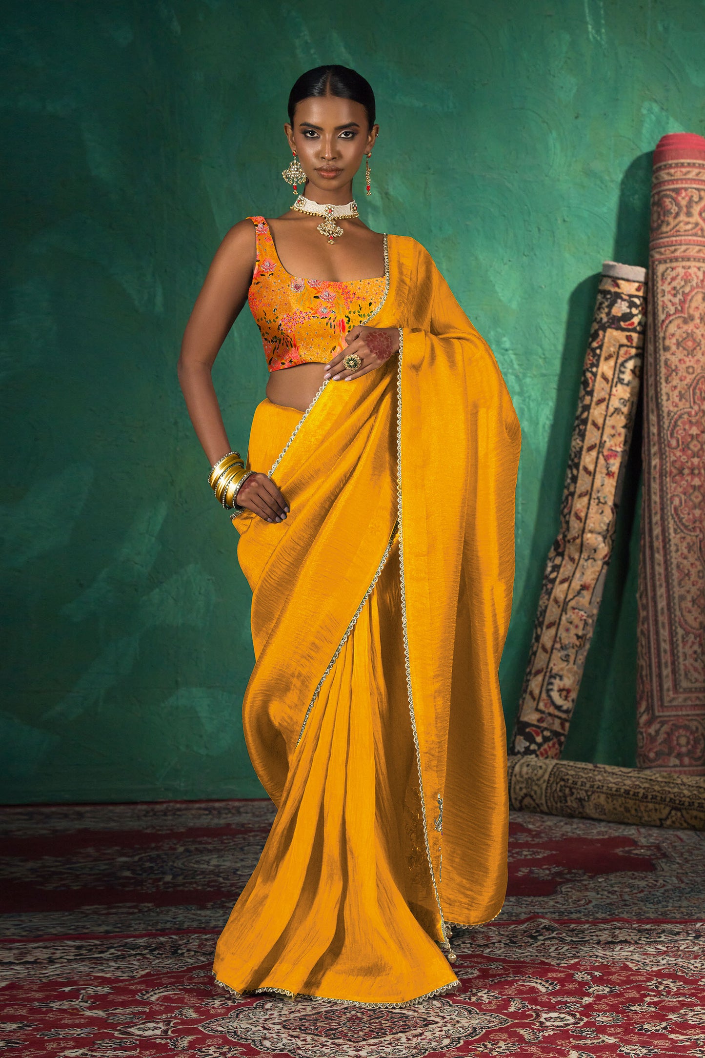 Classic Mustard Yellow Satin Organza Silk Saree