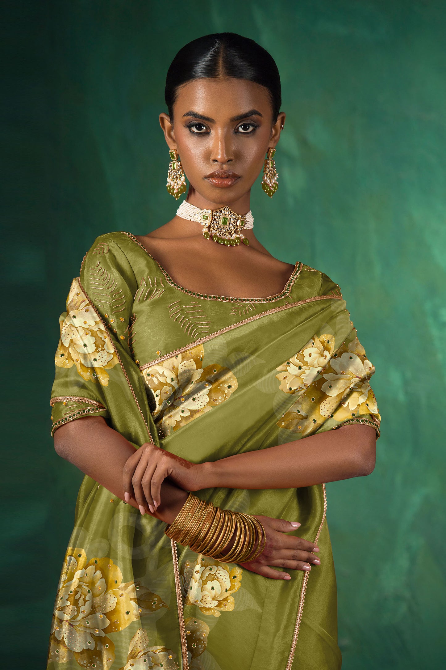 Olive Green Hand Embroidered Silk Organza Saree