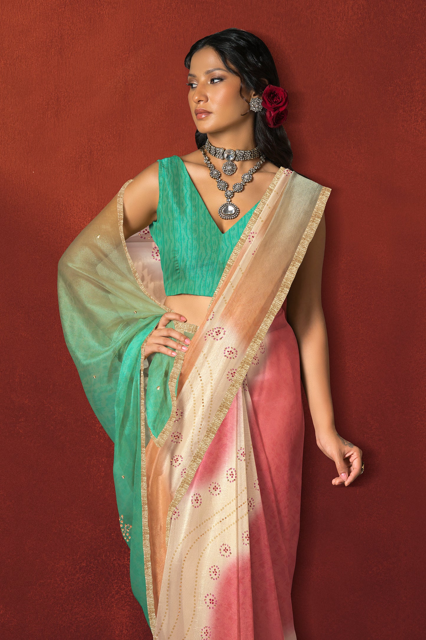 Multicolor Ombre Saree with Gold Border