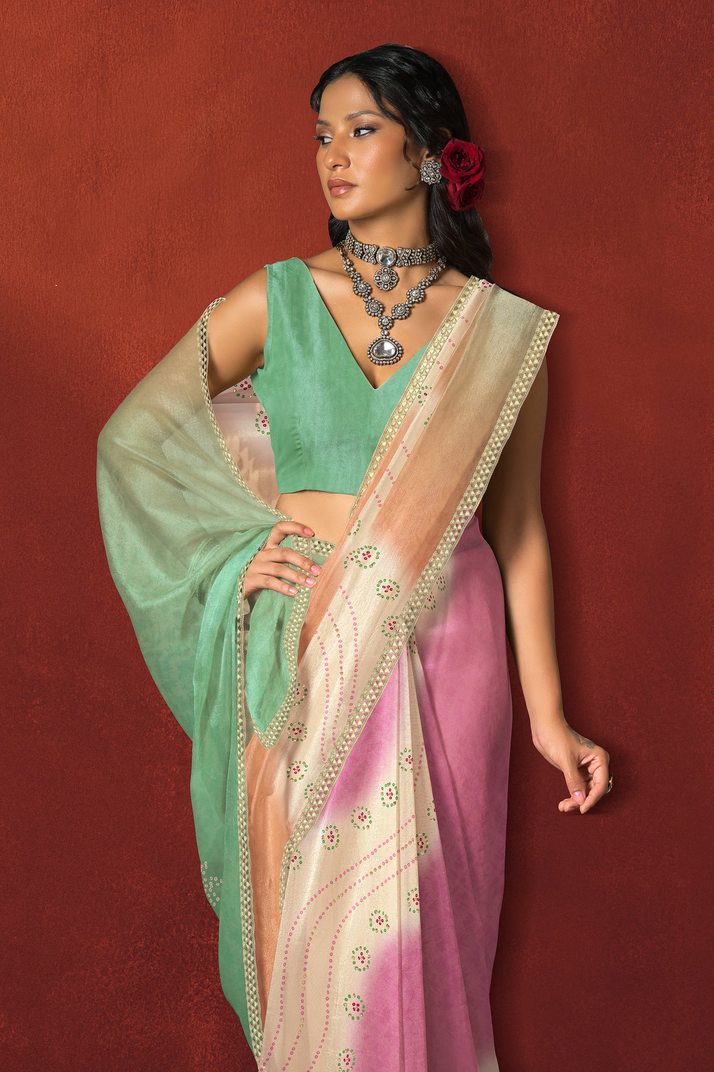 Mint Green Ombre Saree with Gold Border