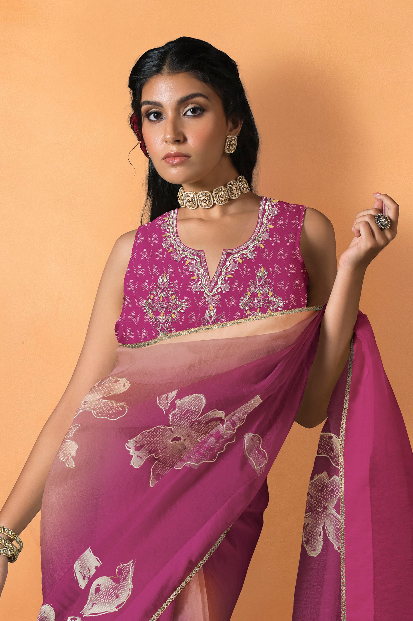 Saachi Subtle Floral Motif Print Saree - Deep Rani Pink