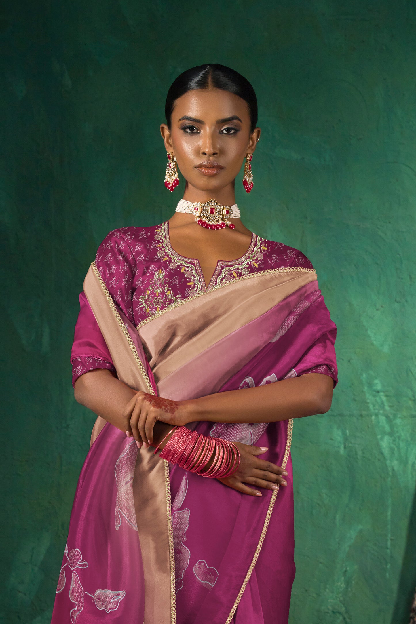 Saachi Subtle Floral Motif Print Saree - Deep Rani Pink