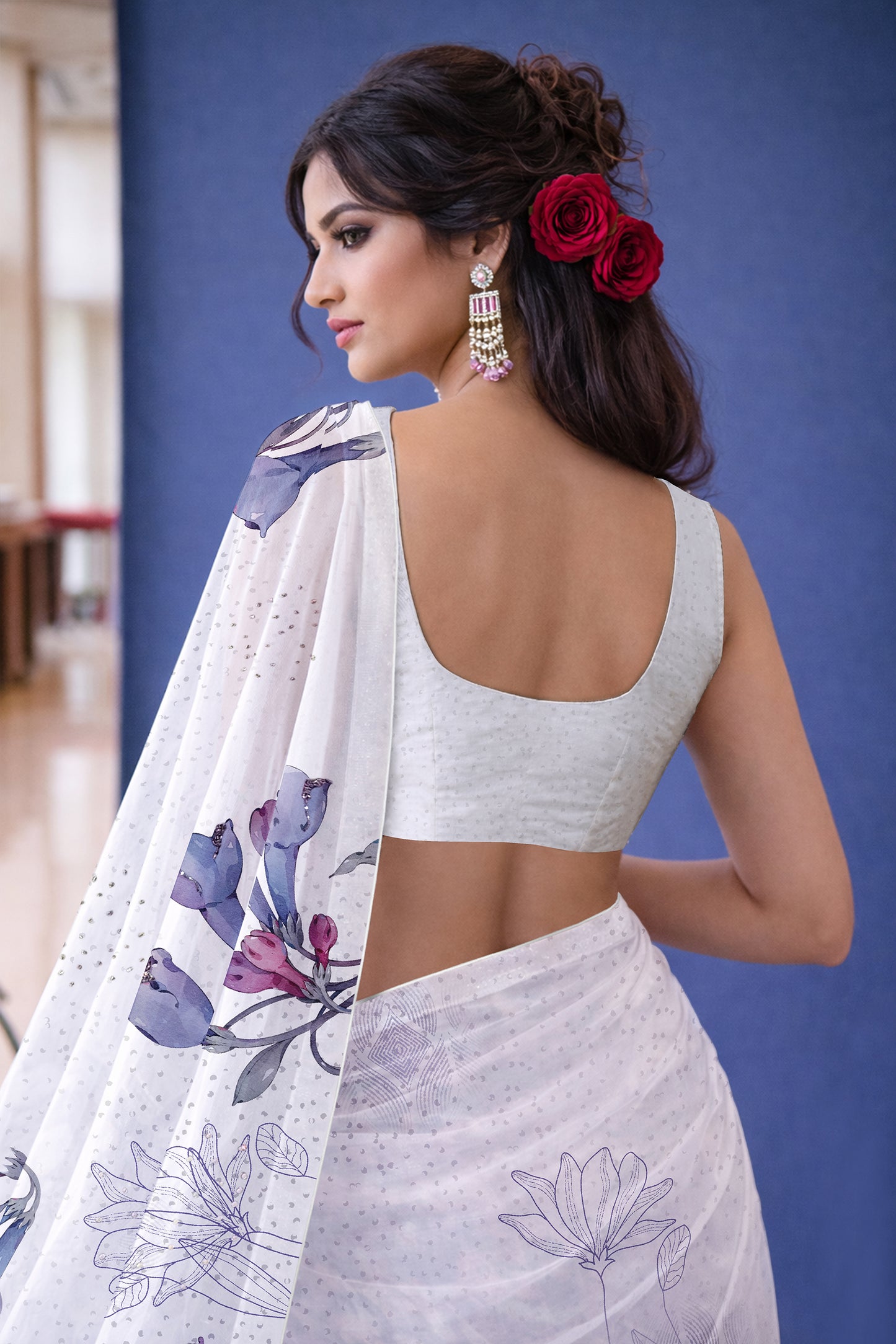 Ira hand Sketch floral Printed Satin silk tissue Saree - White