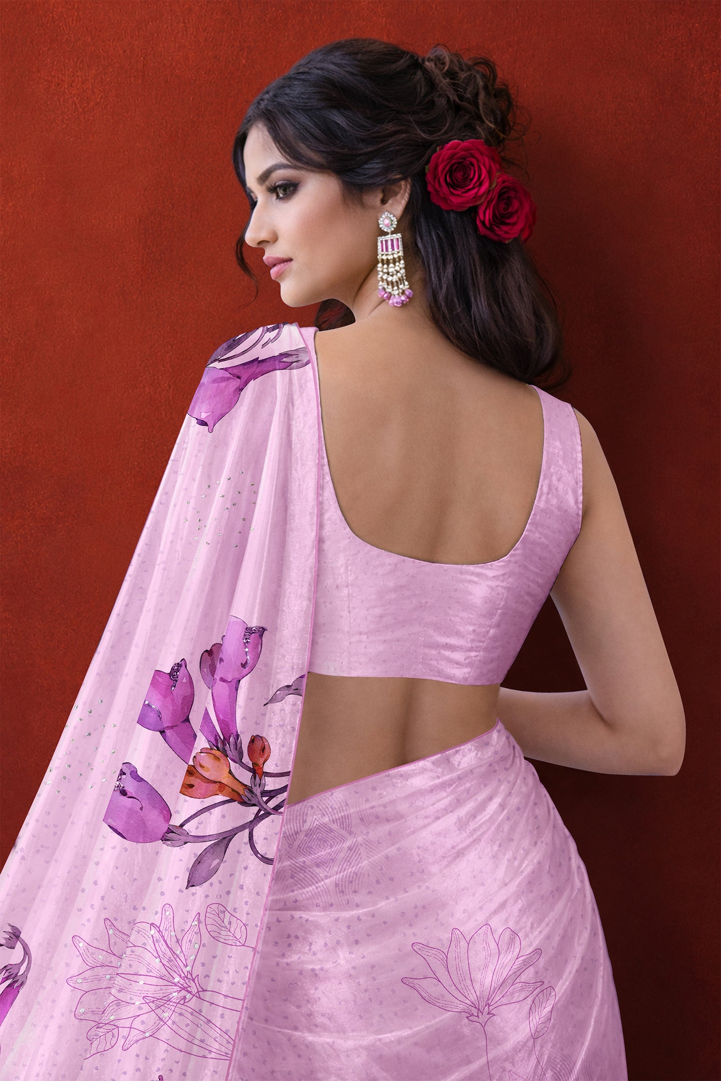 Ira hand Sketch floral Printed Satin silk tissue Saree - Blush lilac