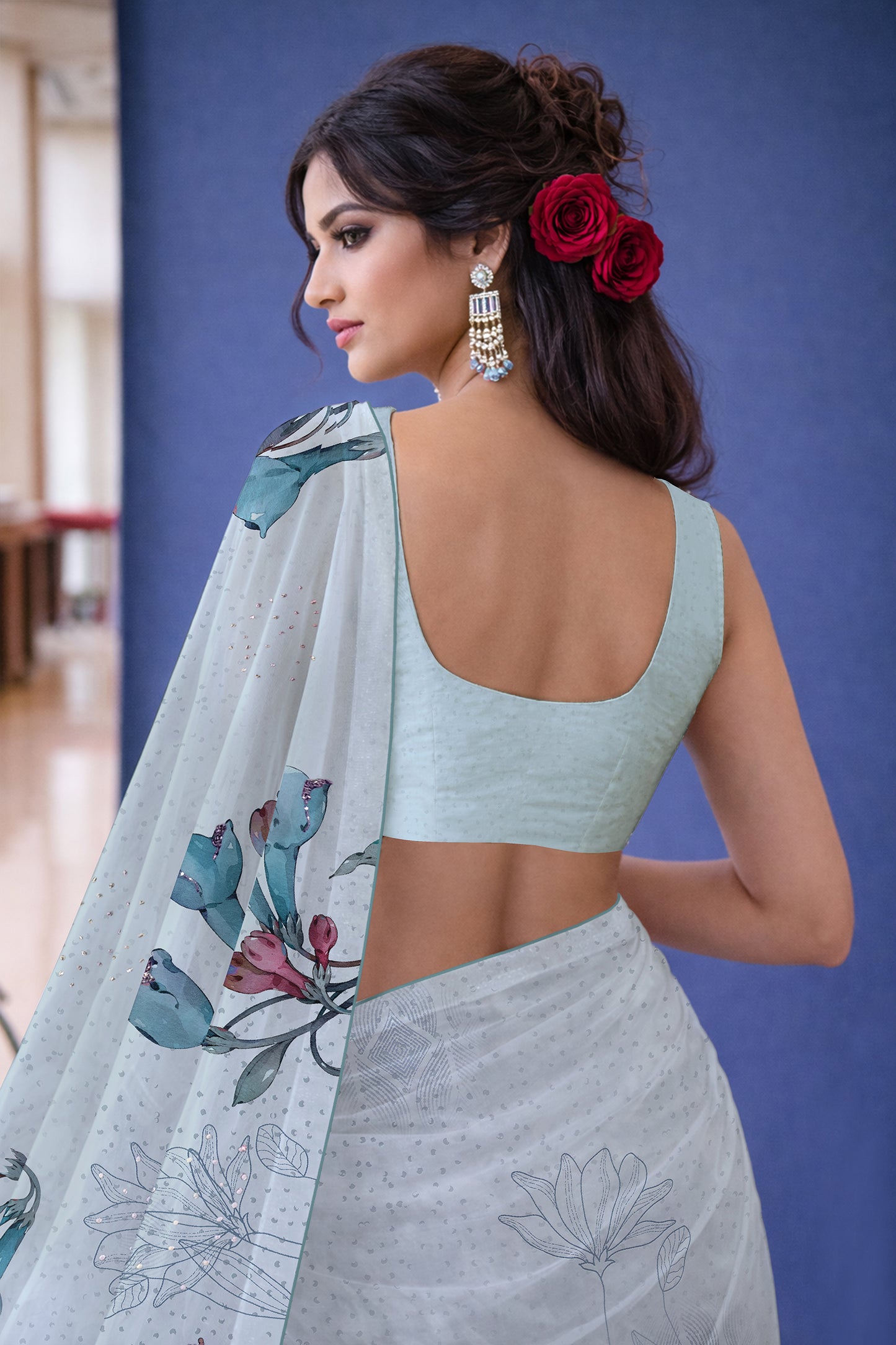 Ira hand Sketch floral Printed Satin silk tissue Saree - Powder Blue