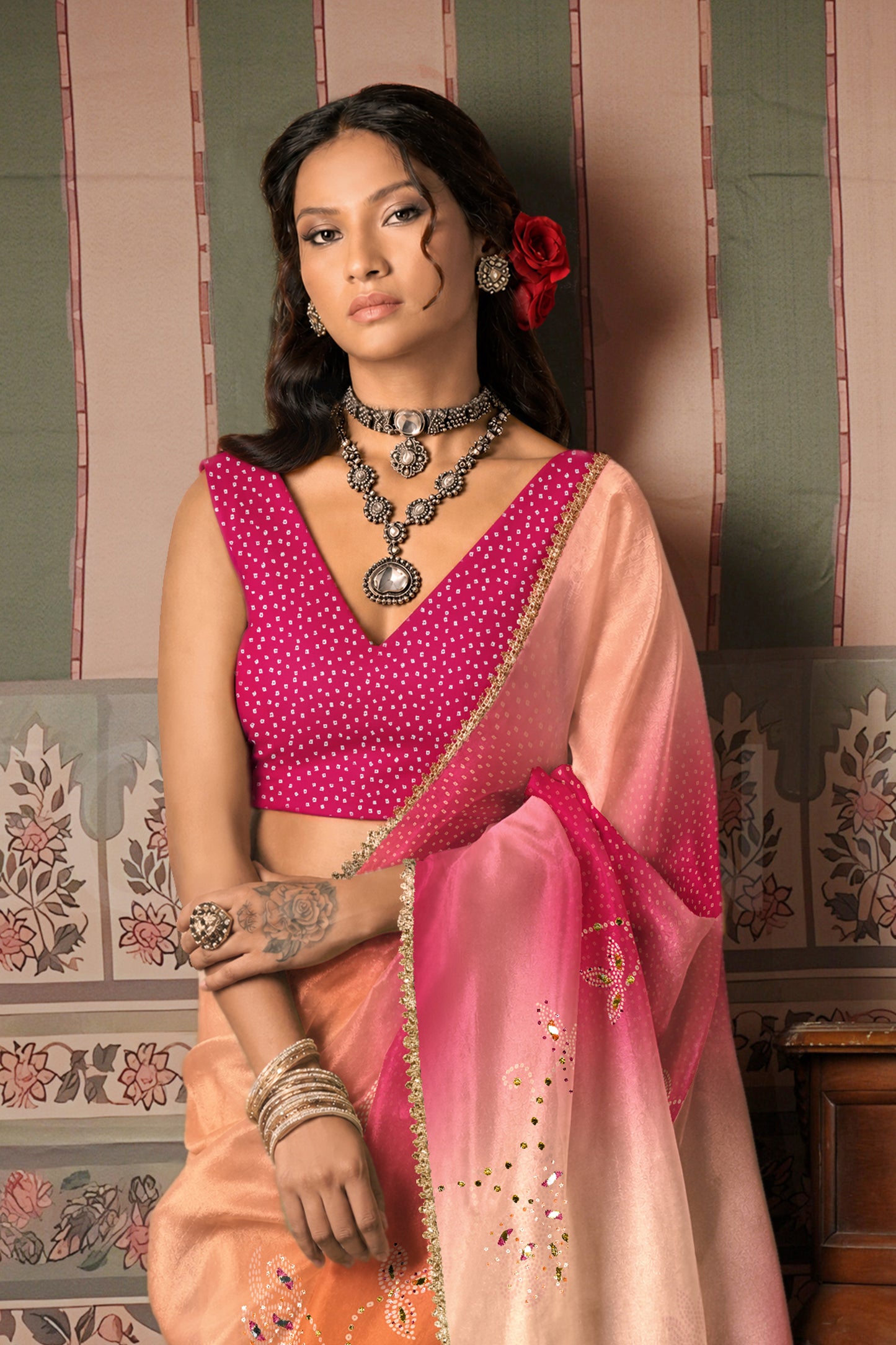 Rani Pink Bandhani Ombre Embroidered Saree