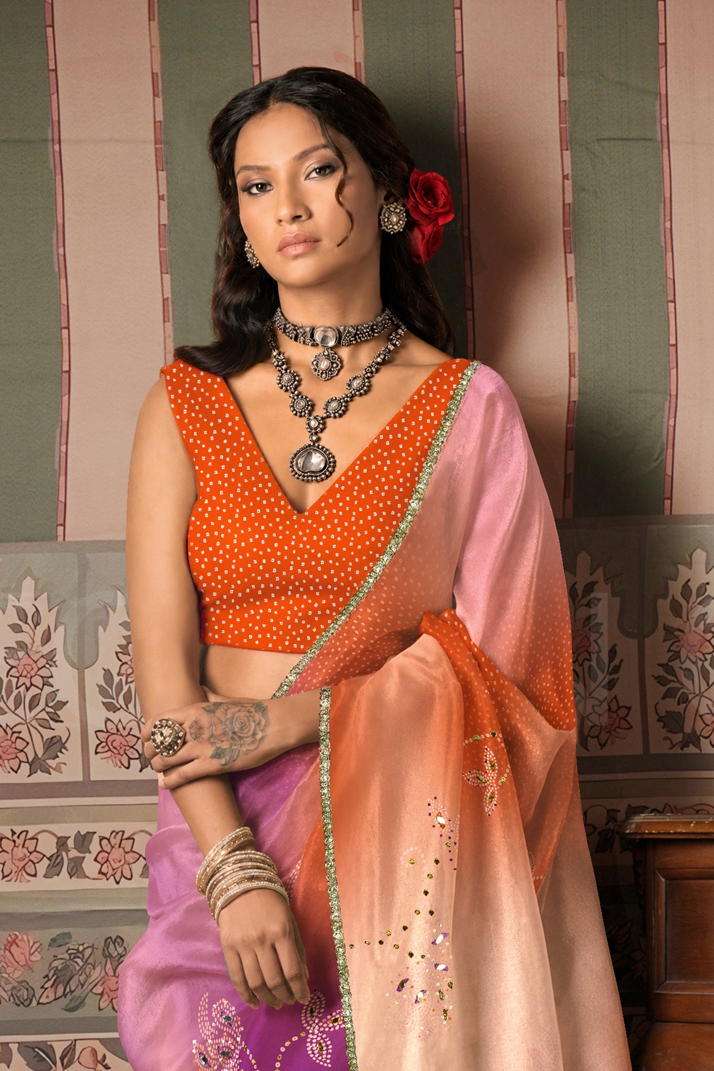 Burnt Orange Bandhani Ombre Embroidered Saree