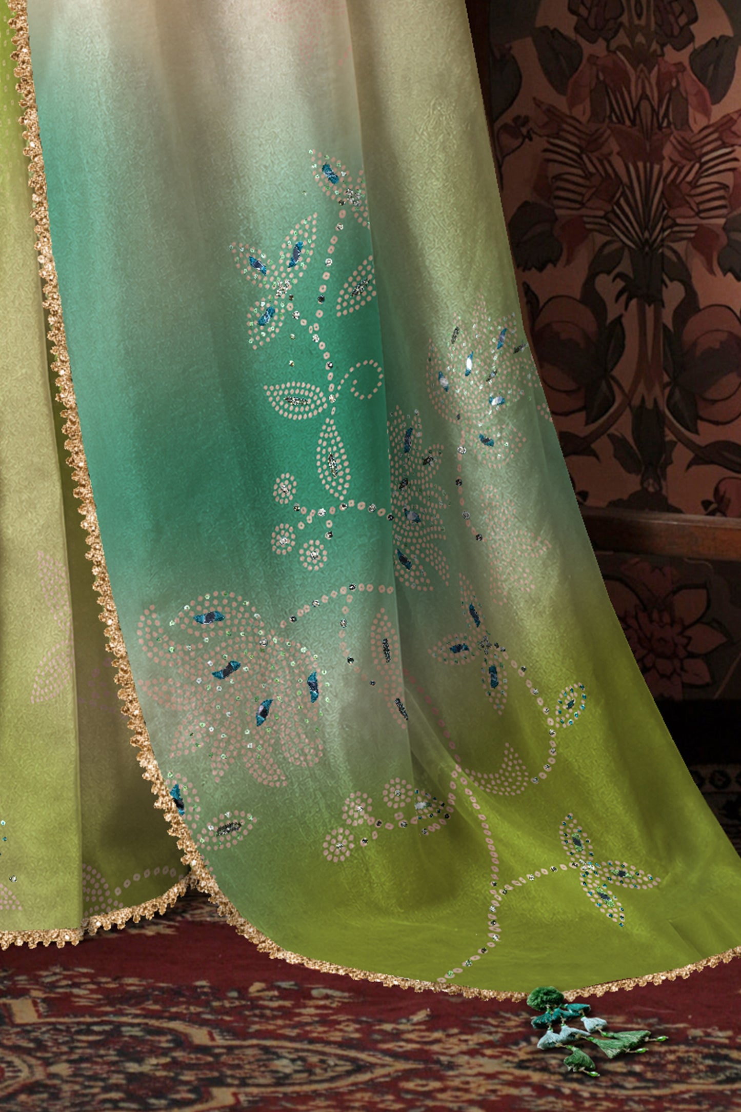 Mint Lime Ombre Bandhani Print Embroidered Saree