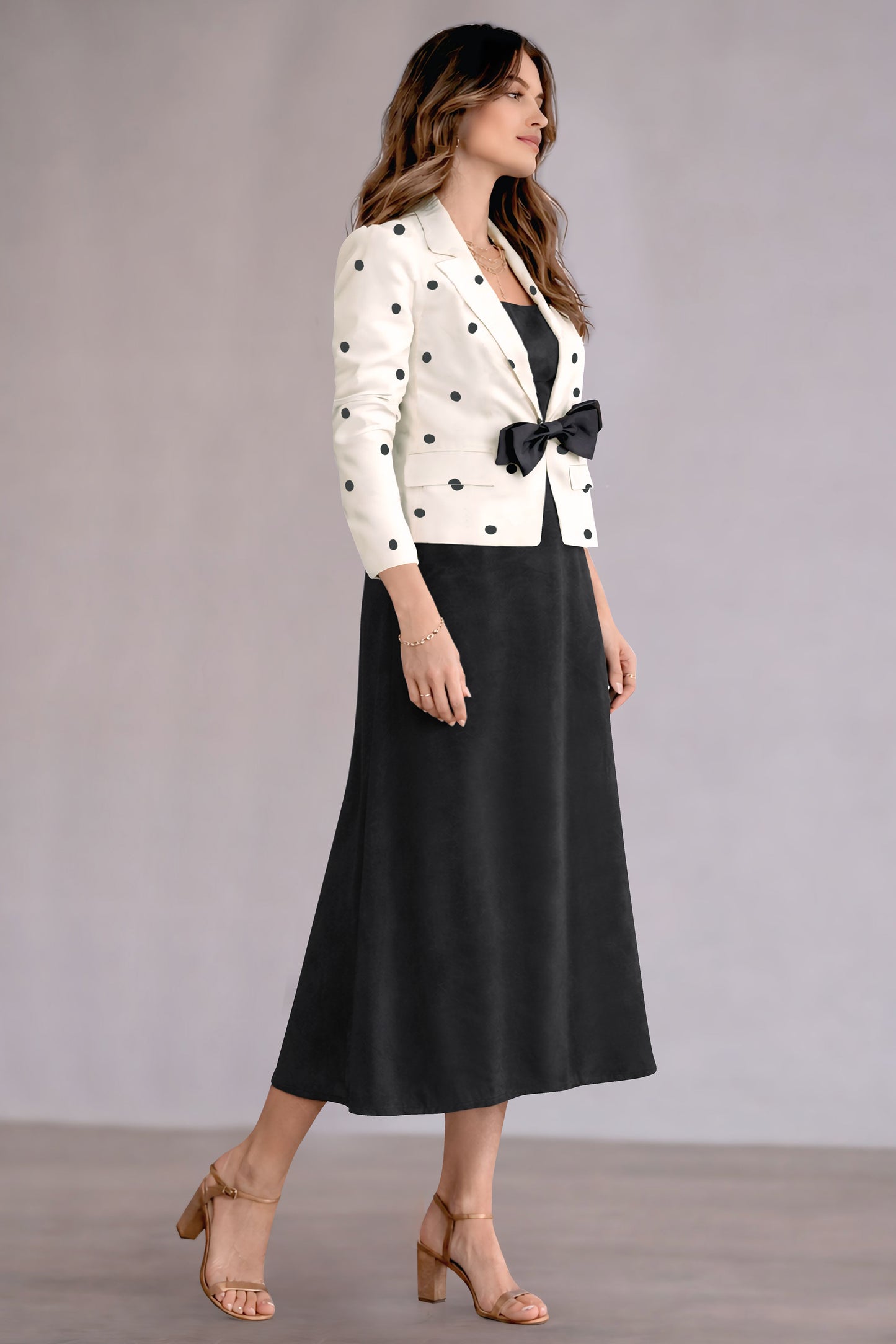 Black Midi Dress with Ivory Polka Dot Cropped Jacket & Bow Detail