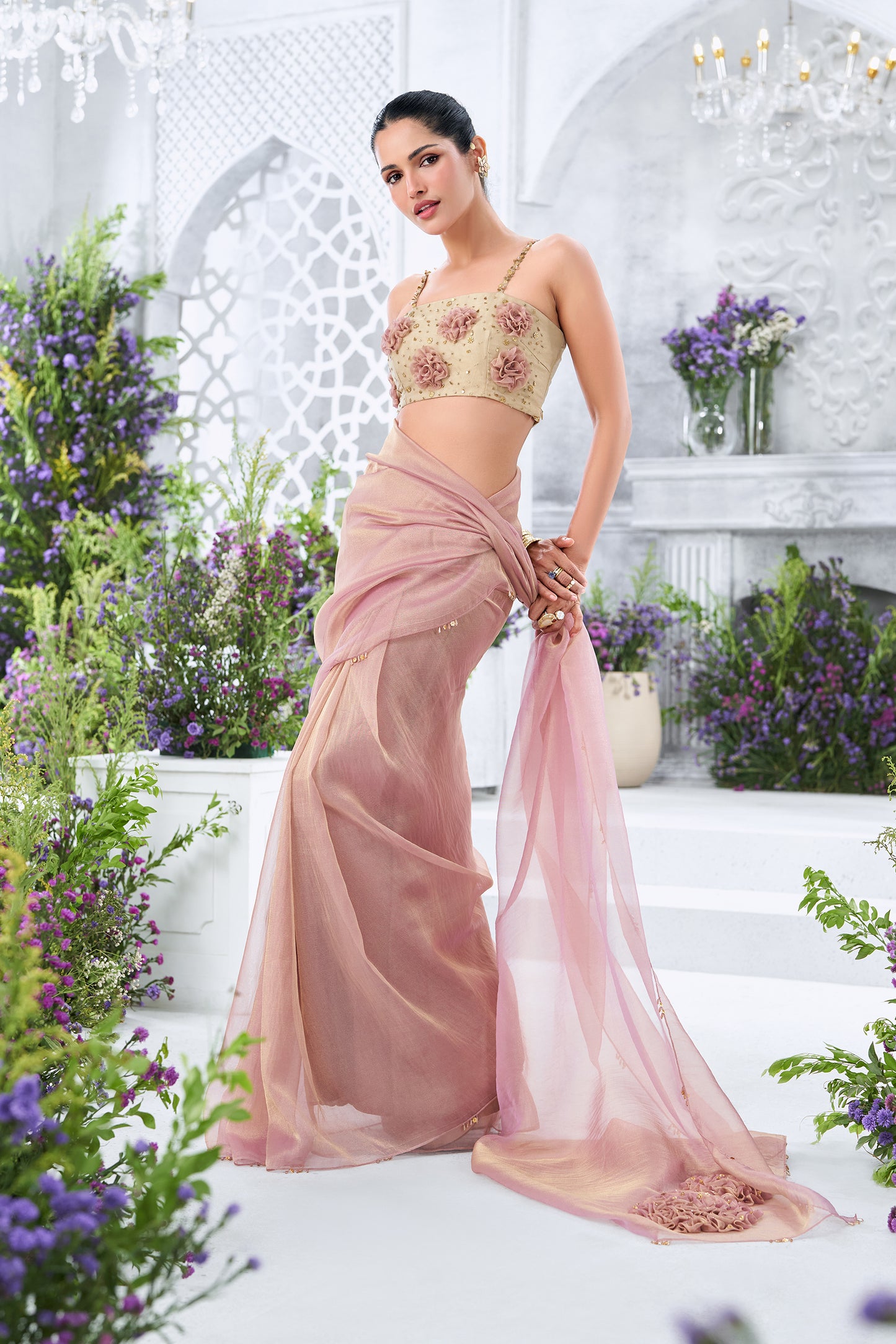 Shimmering Mauve Saree with 3D Floral Appliqué Blouse