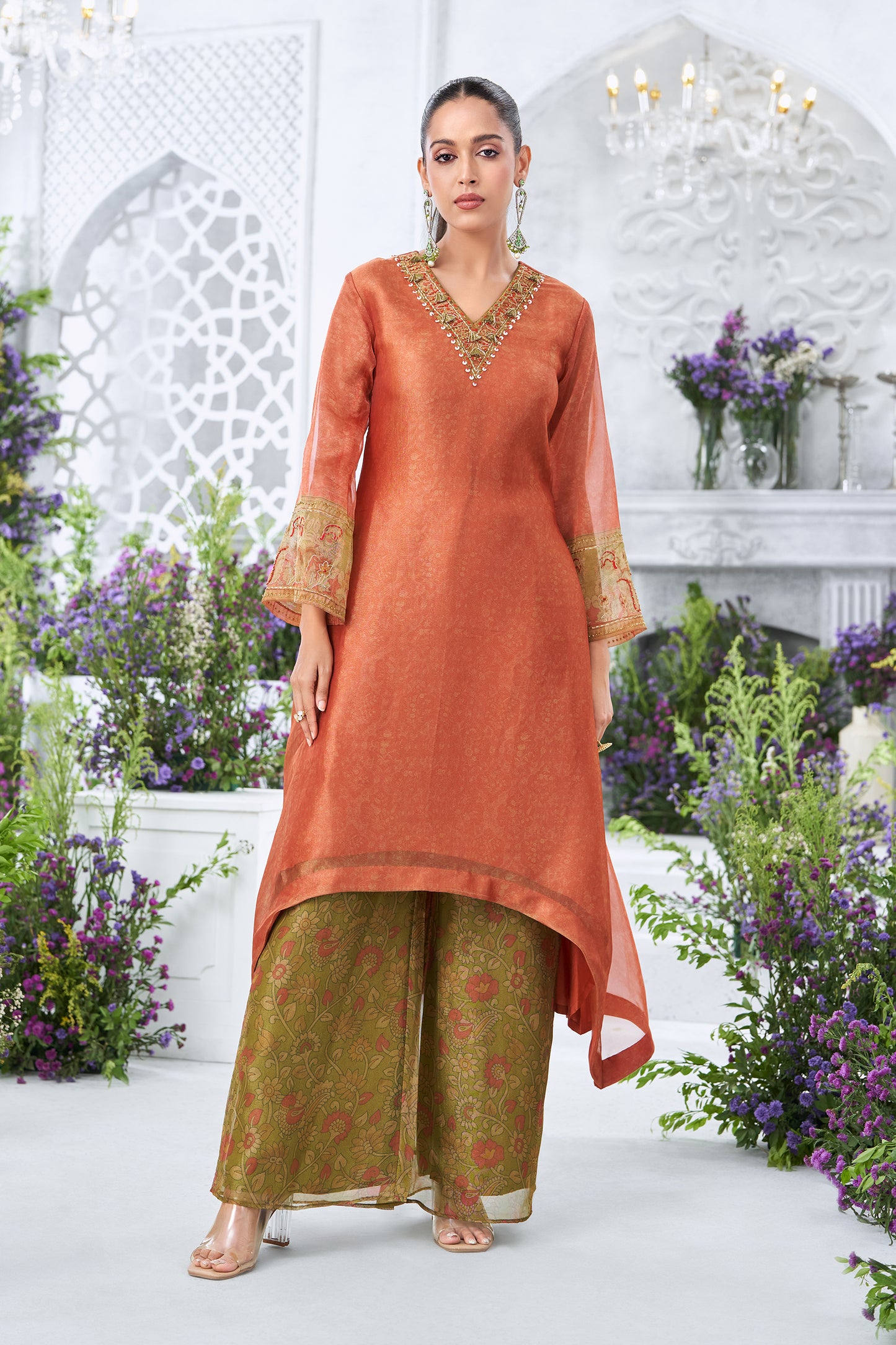 Rust Orange Embellished High-Low Tunic with Printed Green Palazzos