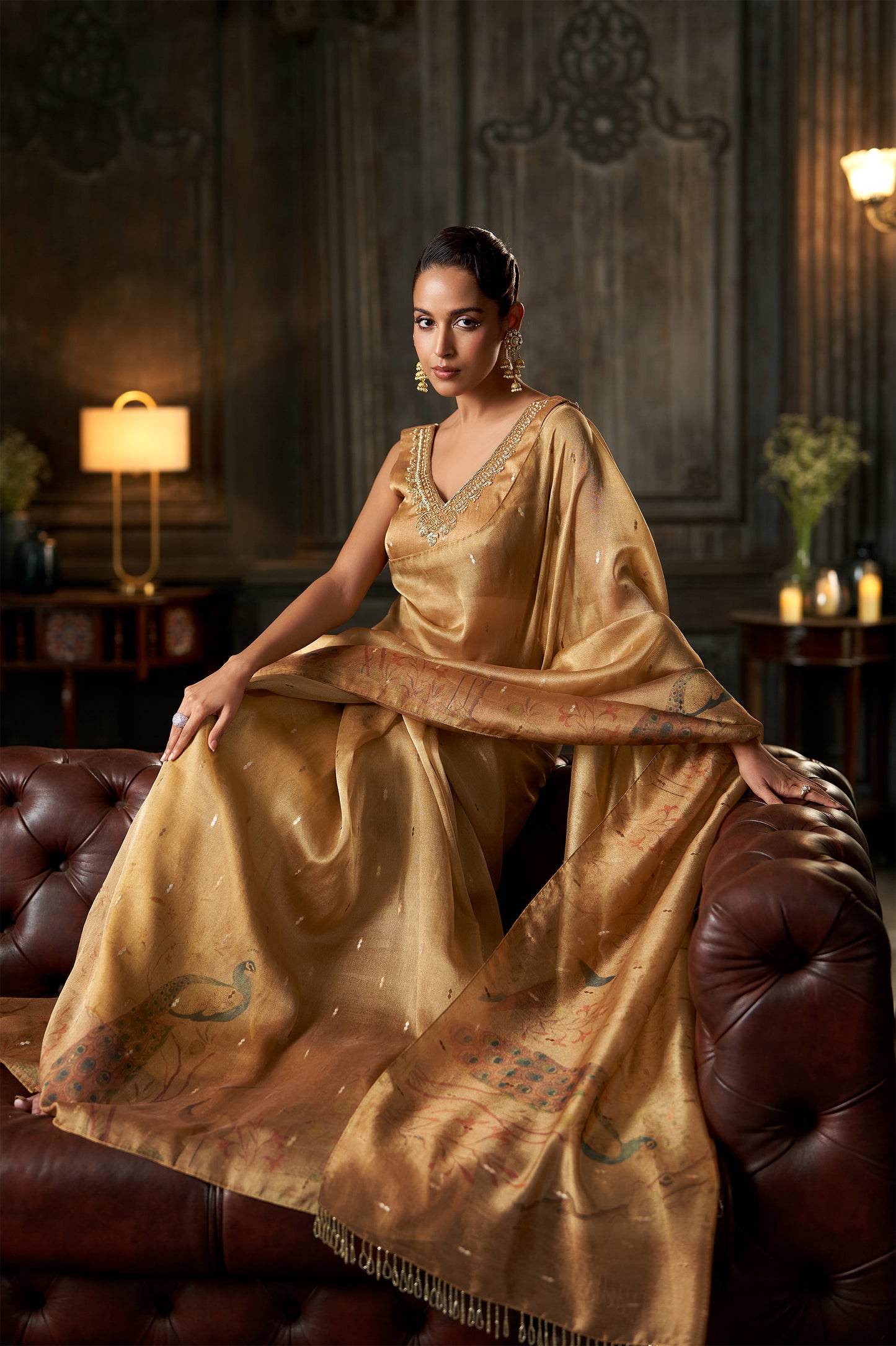 Peacock Printed Golden Saree with Embellished V-Neck Blouse
