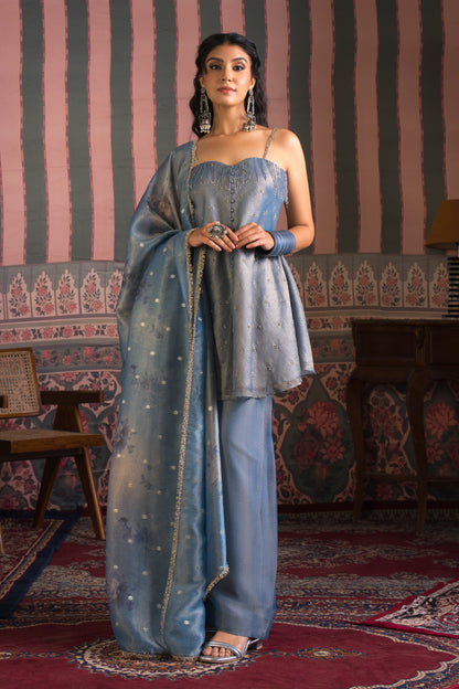 Dusky Blue Banarasi Crush Plazzo Set