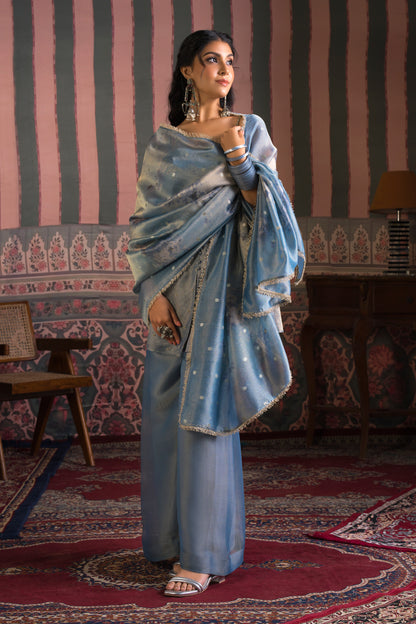Dusky Blue Banarasi Crush Plazzo Set