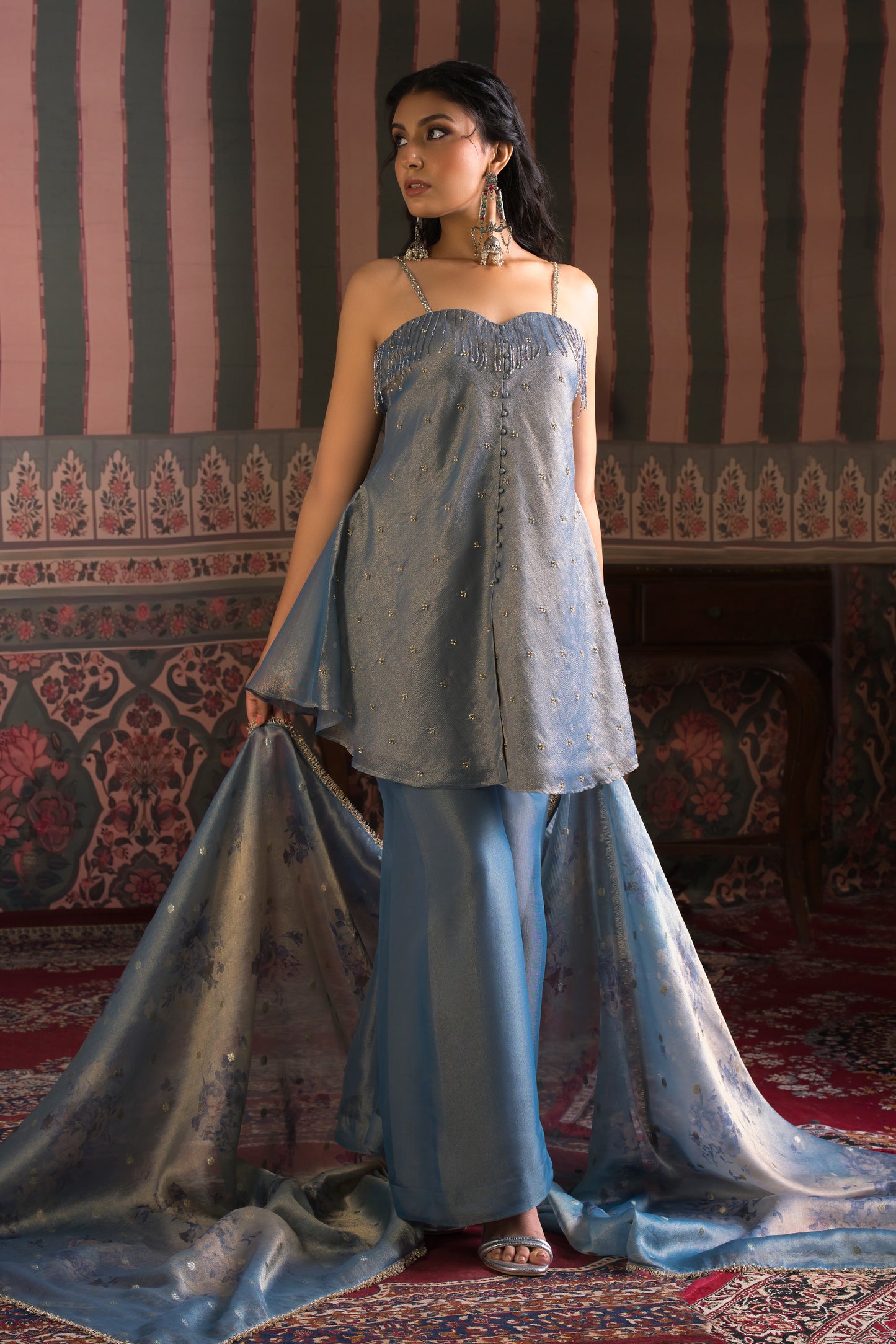 Dusky Blue Banarasi Crush Plazzo Set