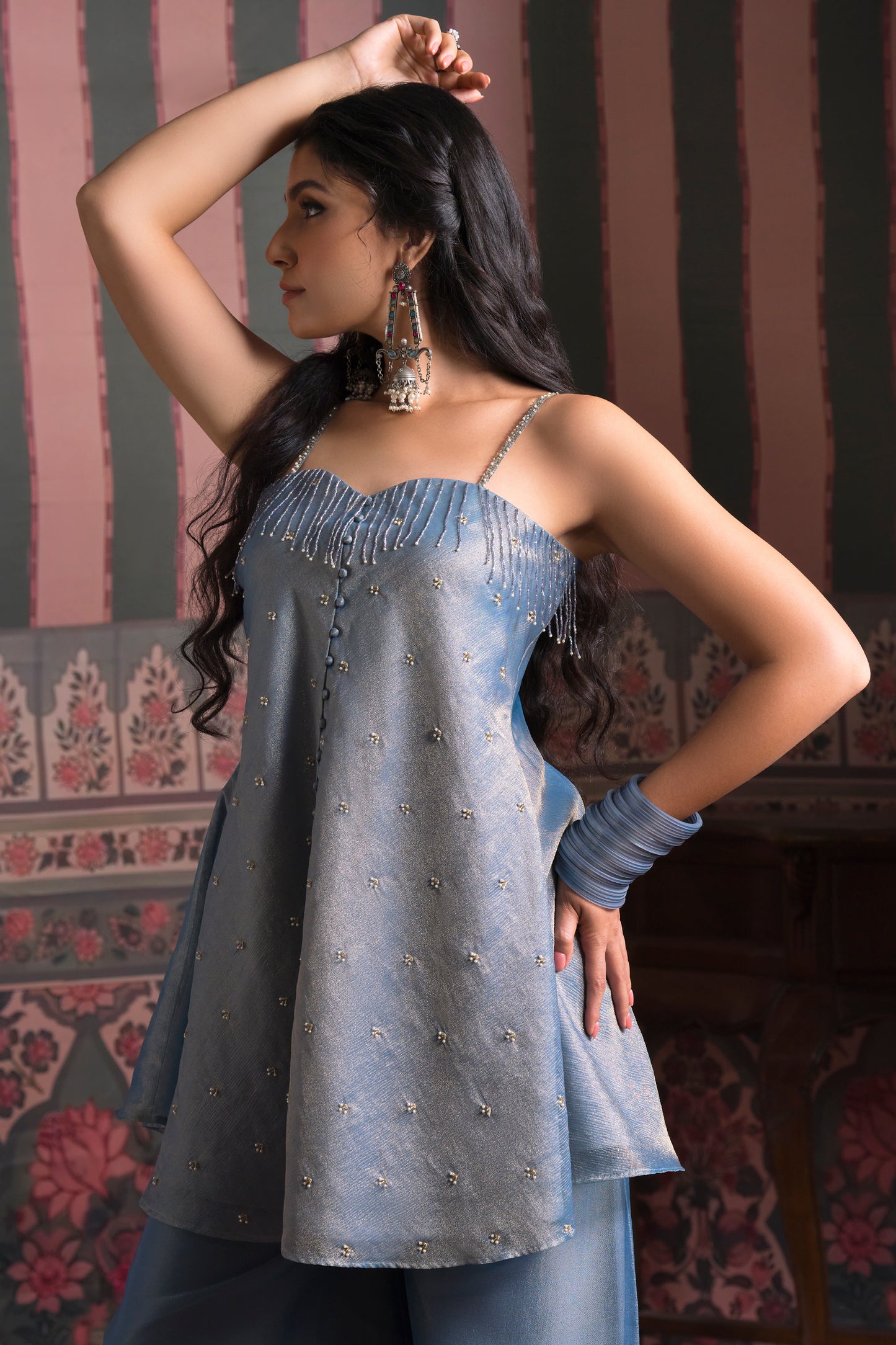 Dusky Blue Banarasi Crush Plazzo Set