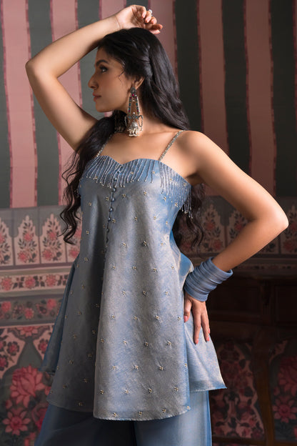 Dusky Blue Banarasi Crush Plazzo Set