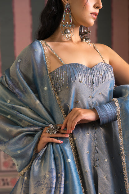 Dusky Blue Banarasi Crush Plazzo Set