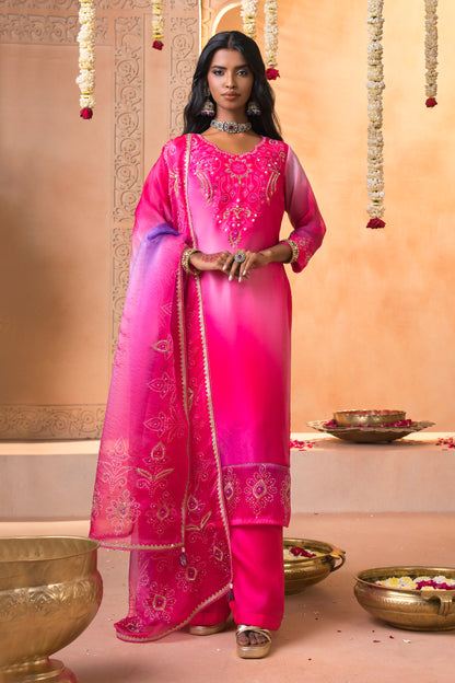 Pink Ombre Bandhani Print Silk Suit Set with Embroidered Dupatta