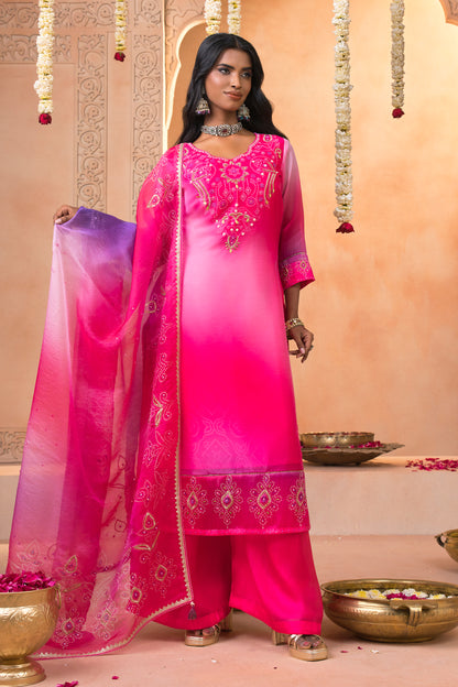 Pink Ombre Bandhani Print Silk Suit Set with Embroidered Dupatta