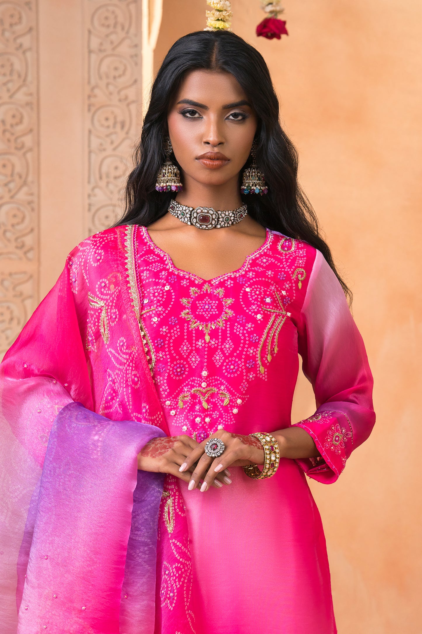Pink Ombre Bandhani Print Silk Suit Set with Embroidered Dupatta