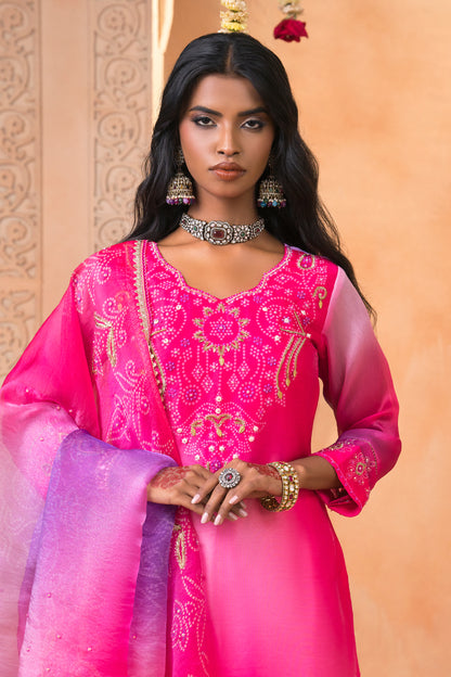 Pink Ombre Bandhani Print Silk Suit Set with Embroidered Dupatta