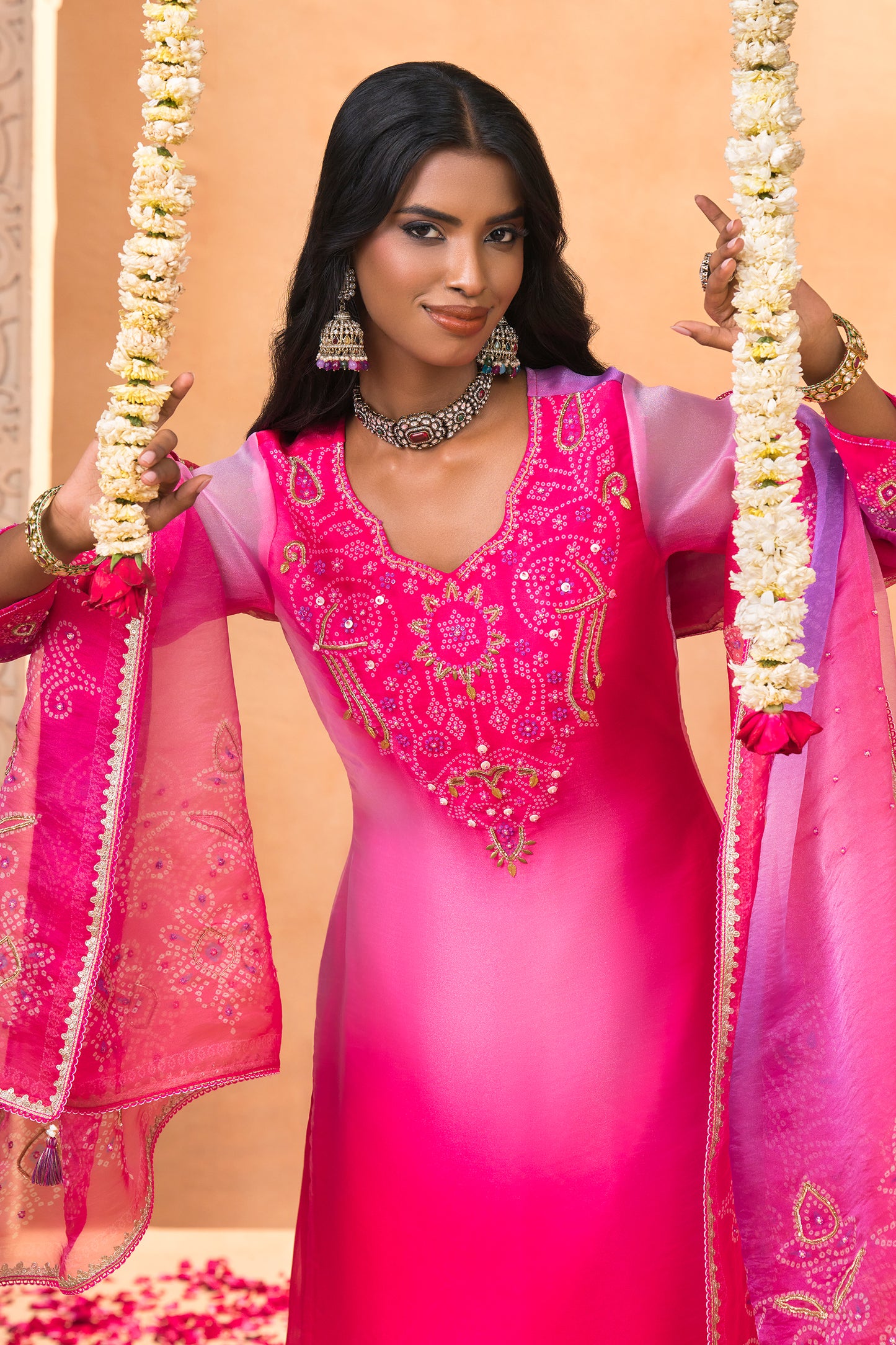 Pink Ombre Bandhani Print Silk Suit Set with Embroidered Dupatta