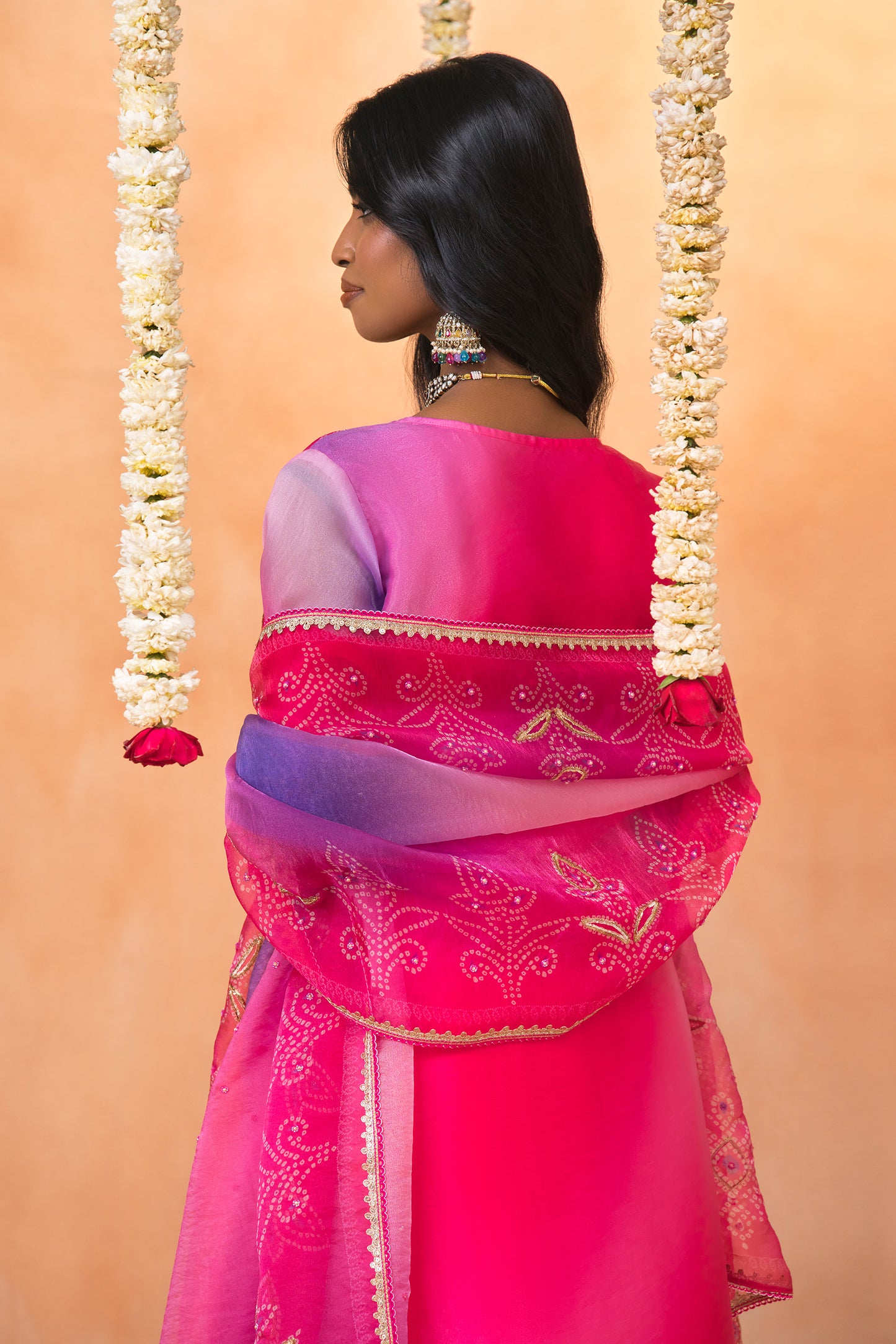 Pink Ombre Bandhani Print Silk Suit Set with Embroidered Dupatta