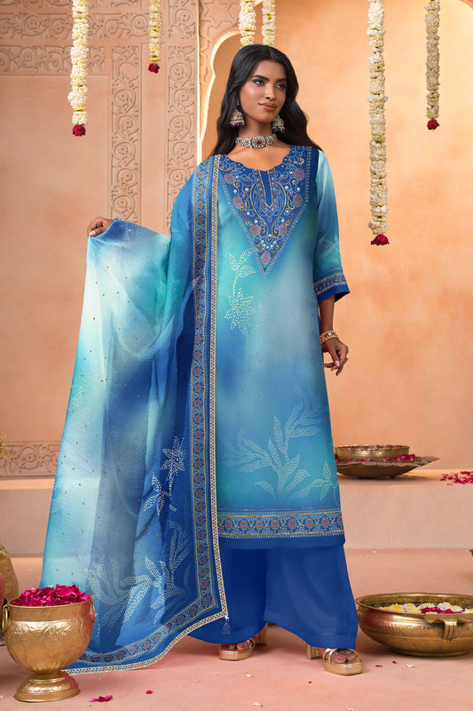 Ocean Blue Bandhani Print Silk Suit Set with Embroidered Dupatta